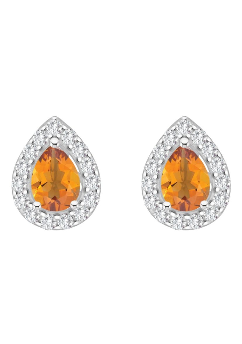 Sterling Silver 8x5mm Pear Shape Citrine And White Topaz Halo Stud Earrings