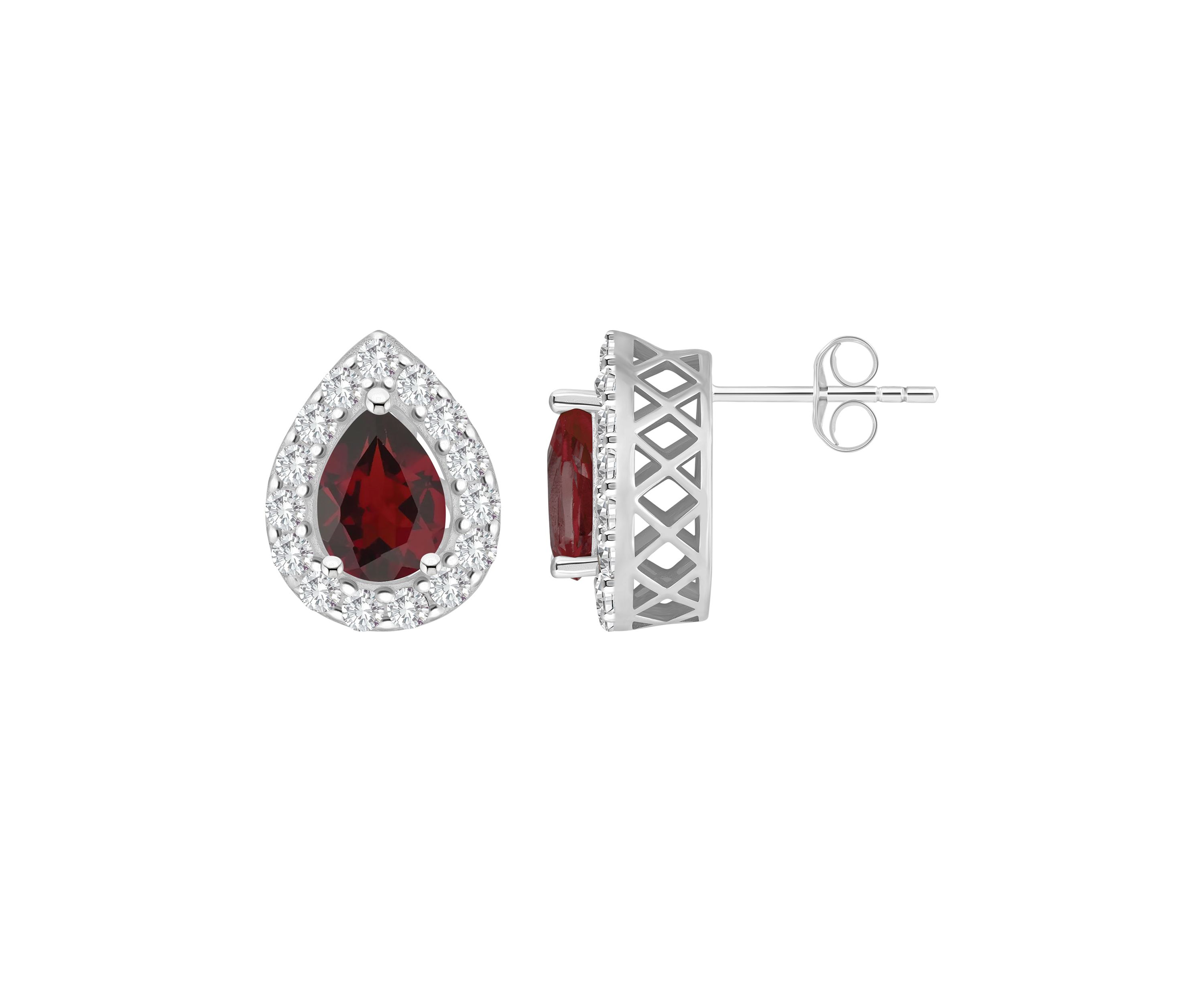 Sterling Silver 8x5mm Pear Shape Garnet And White Topaz Halo Stud Earrings