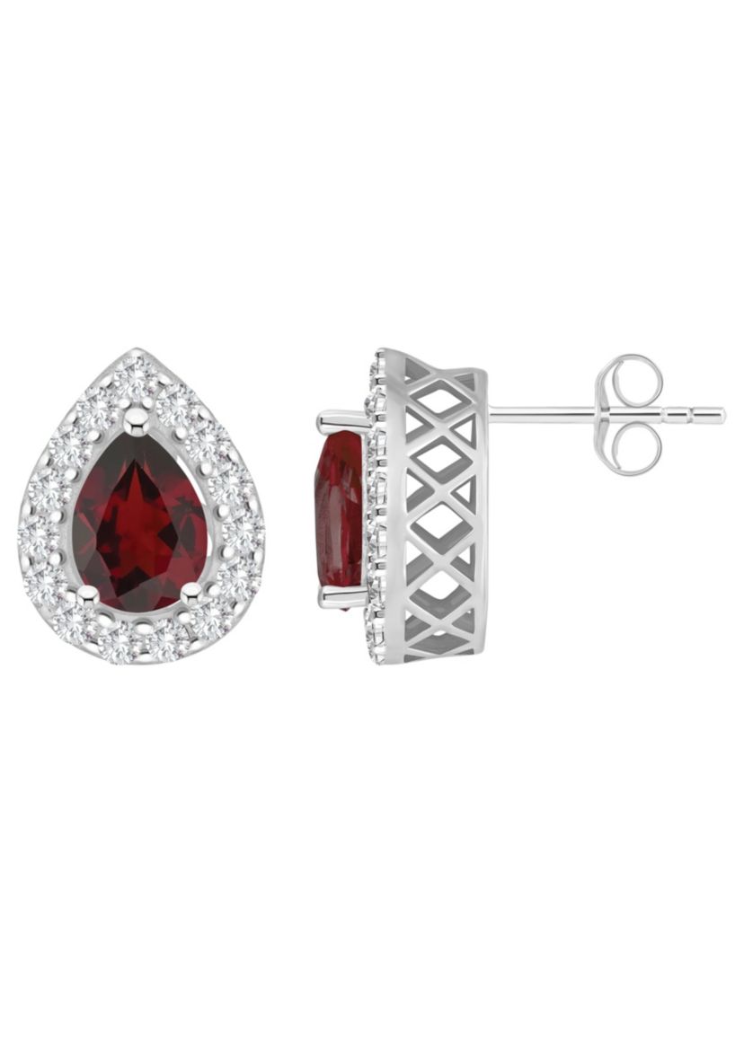 Sterling Silver 8x5mm Pear Shape Garnet And White Topaz Halo Stud Earrings