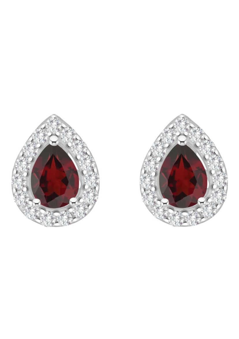 Sterling Silver 8x5mm Pear Shape Garnet And White Topaz Halo Stud Earrings