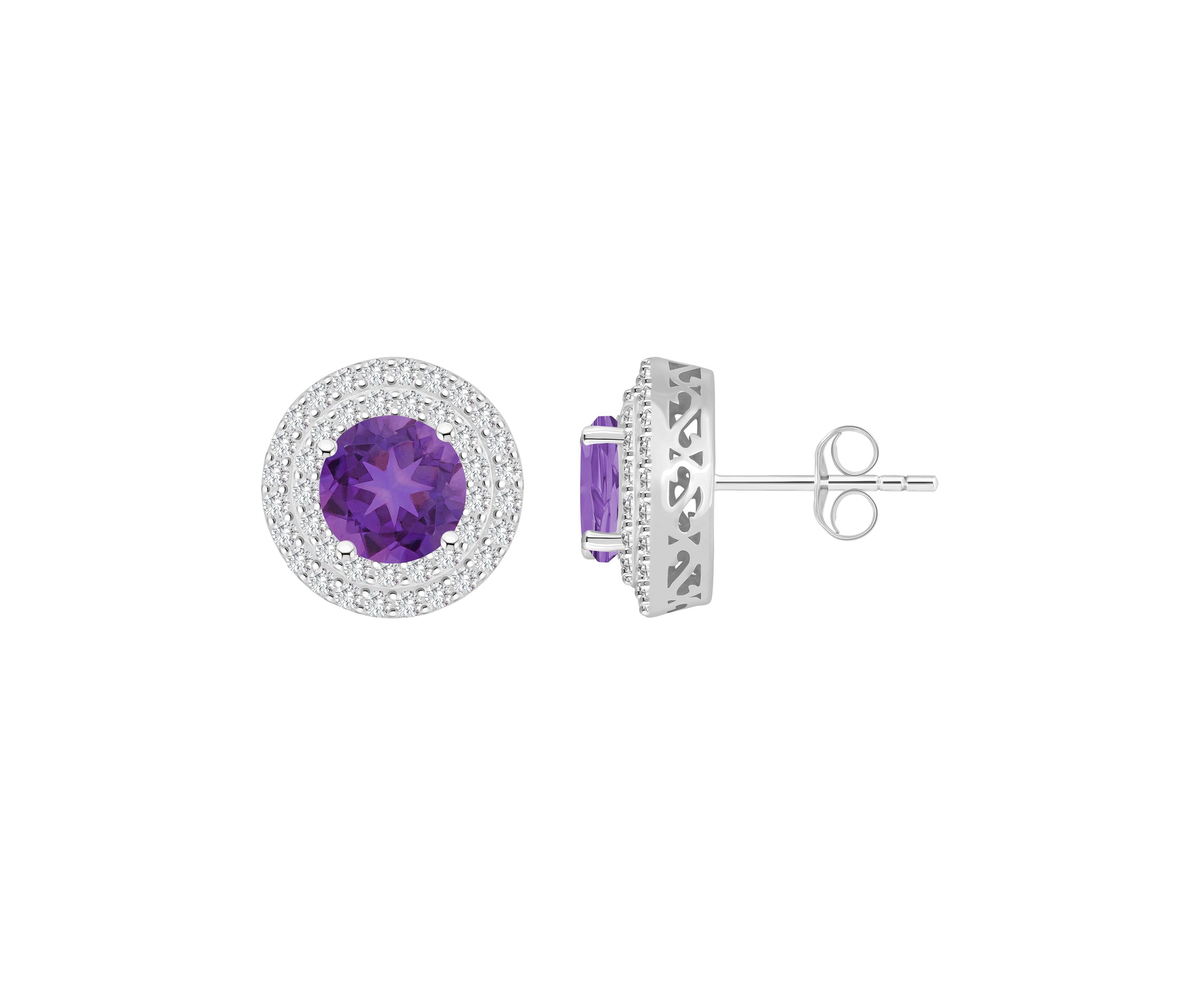 Sterling Silver 7mm Round Amethyst And White Topaz Double Halo Stud Earrings