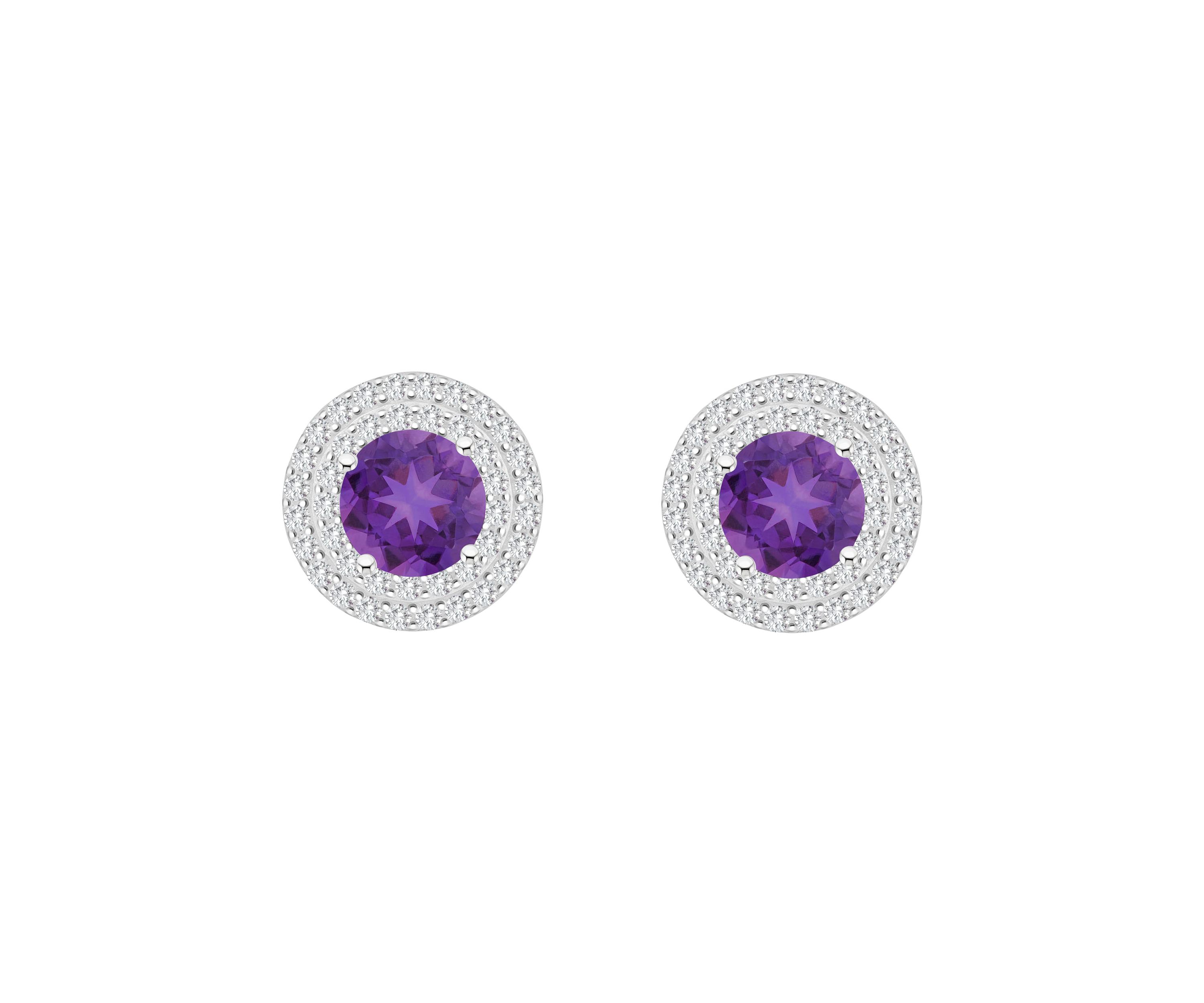 Sterling Silver 7mm Round Amethyst And White Topaz Double Halo Stud Earrings