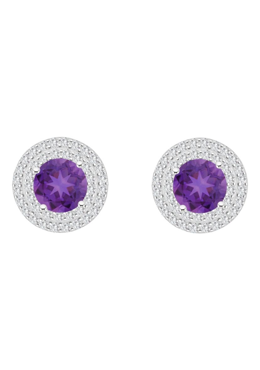 Sterling Silver 7mm Round Amethyst And White Topaz Double Halo Stud Earrings