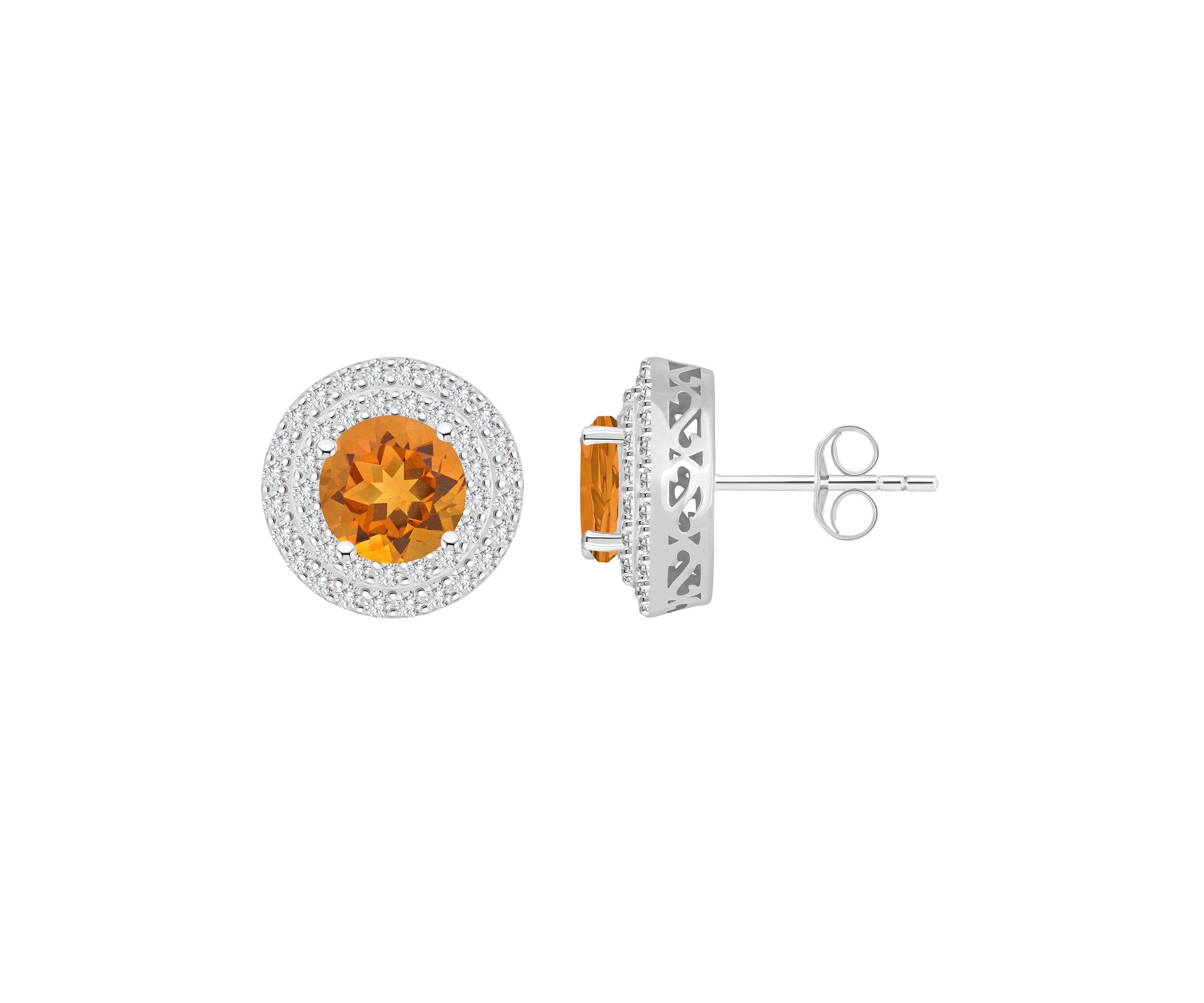 Sterling Silver 7mm Round Citrine And White Topaz Double Halo Stud Earrings