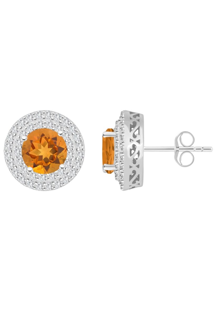 Sterling Silver 7mm Round Citrine And White Topaz Double Halo Stud Earrings