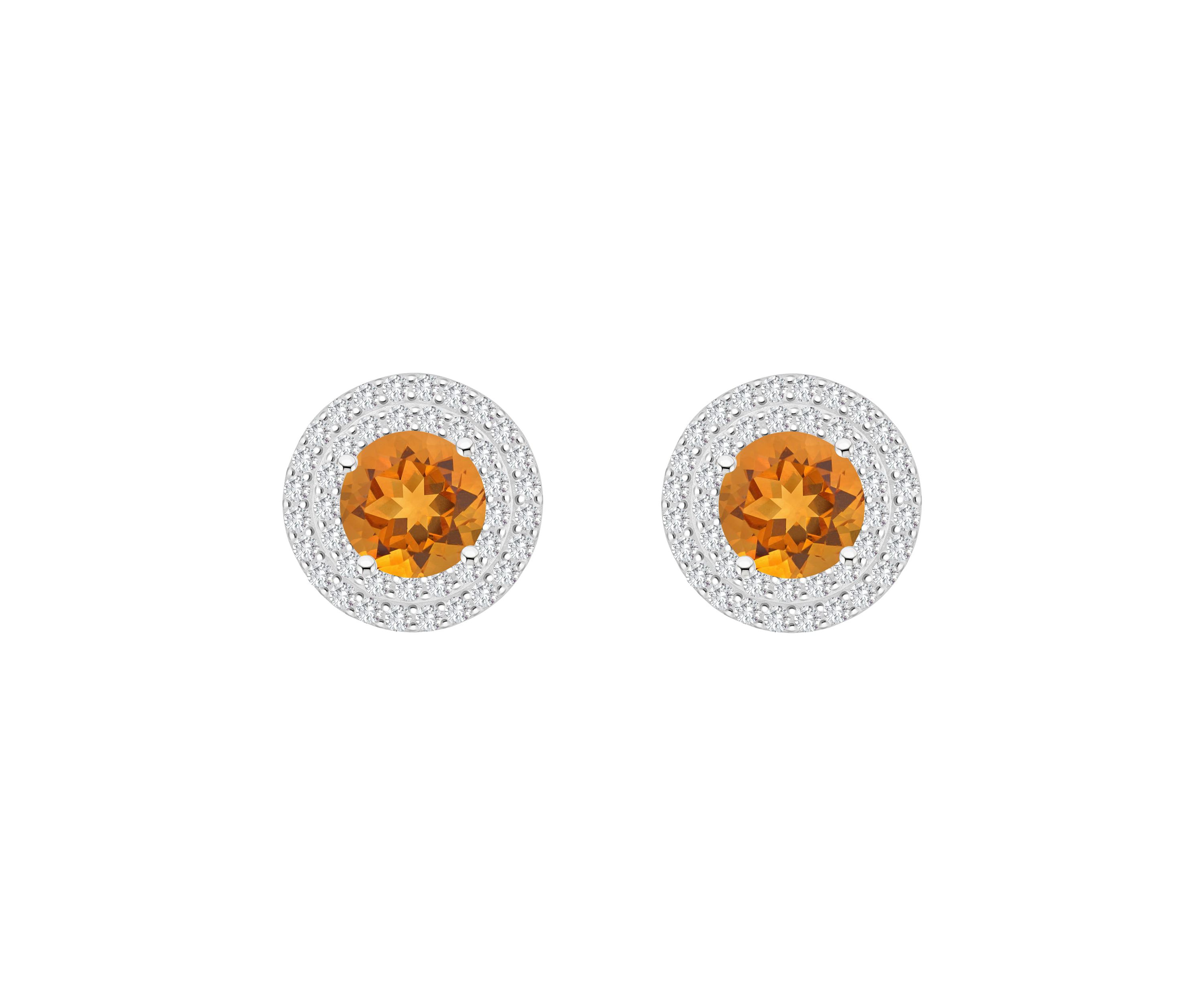 Sterling Silver 7mm Round Citrine And White Topaz Double Halo Stud Earrings