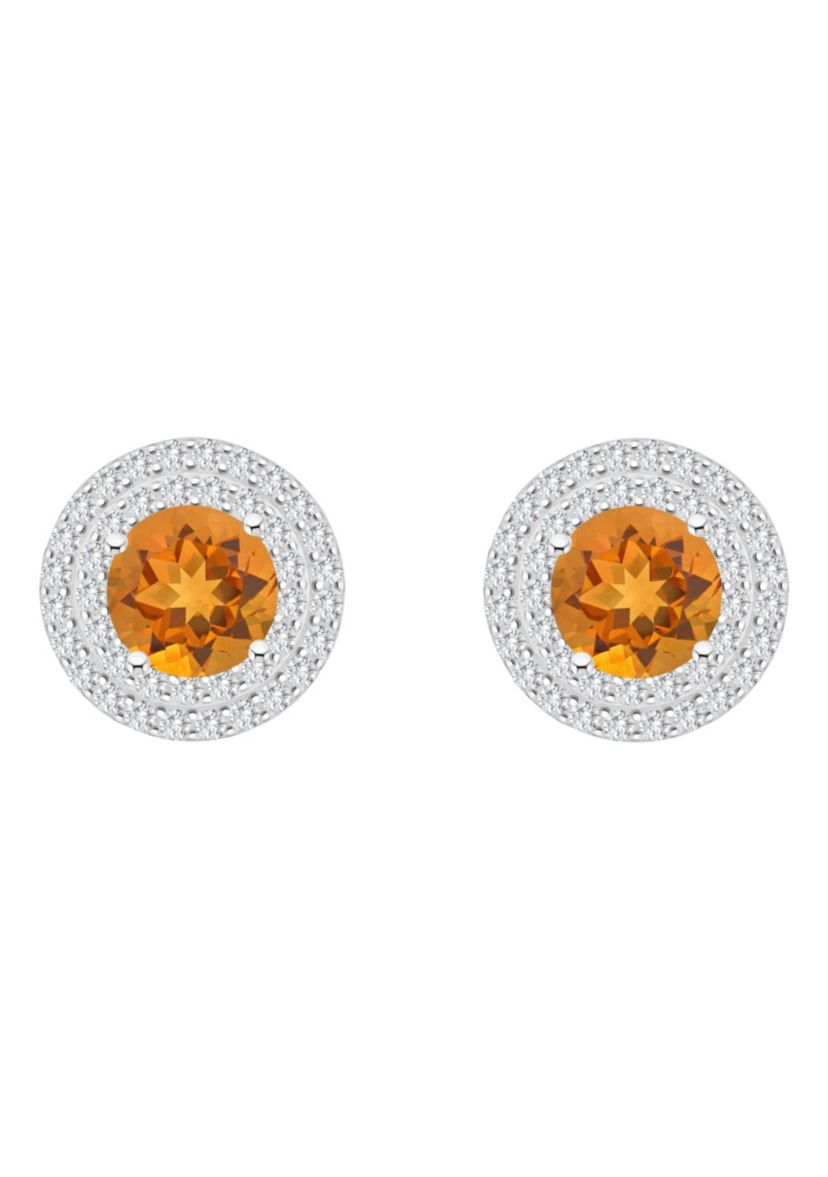 Sterling Silver 7mm Round Citrine And White Topaz Double Halo Stud Earrings