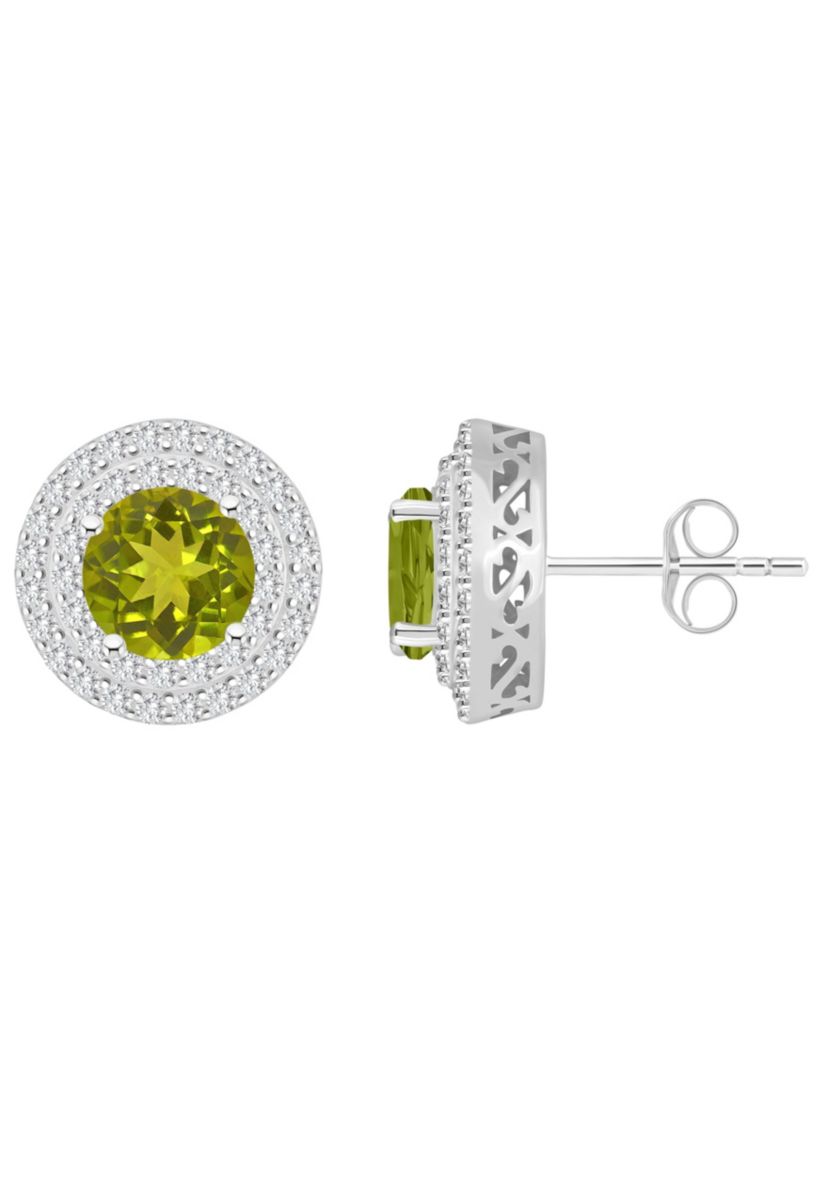 Sterling Silver 7mm Round Peridot And White Topaz Double Halo Stud Earrings