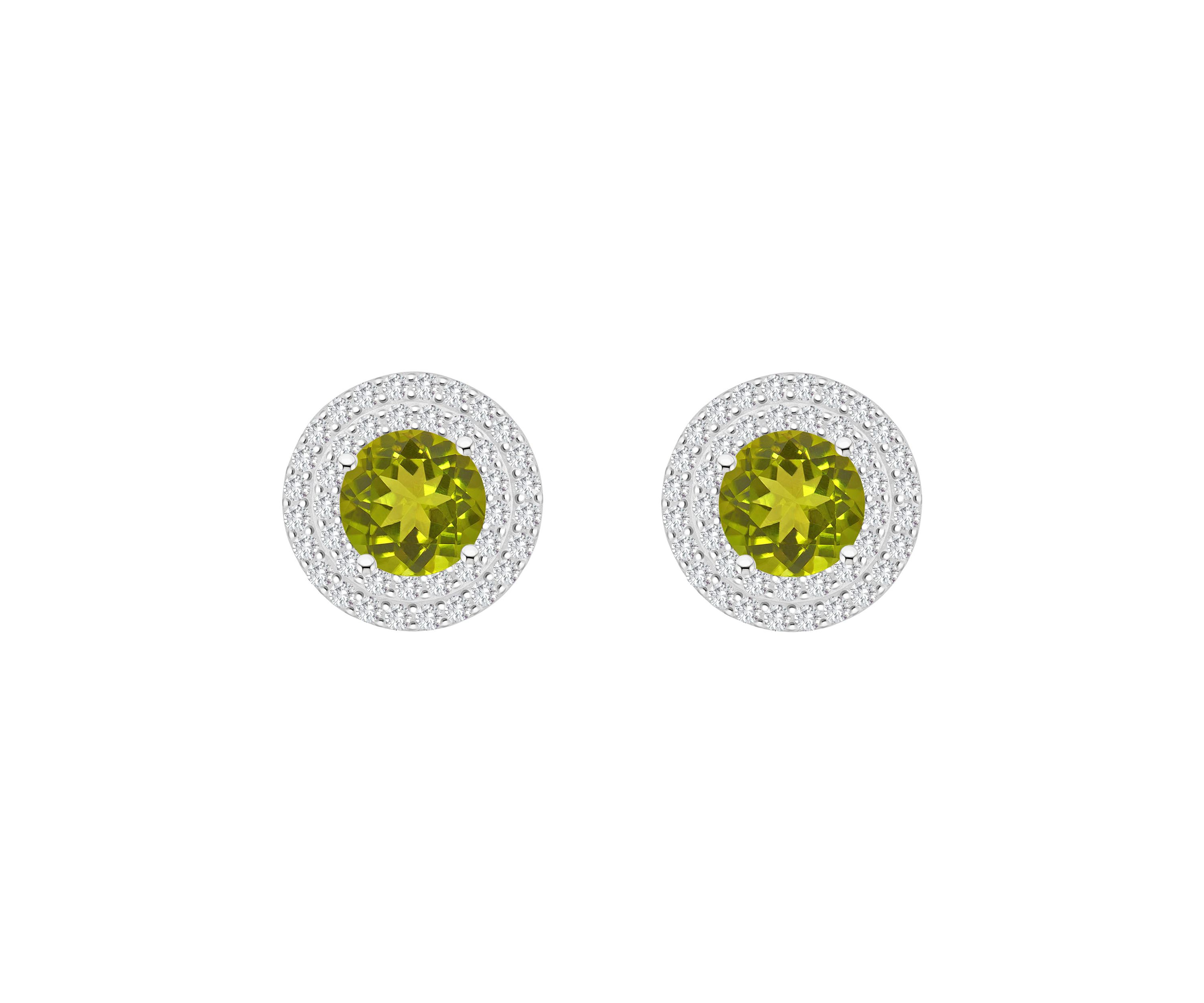 Sterling Silver 7mm Round Peridot And White Topaz Double Halo Stud Earrings