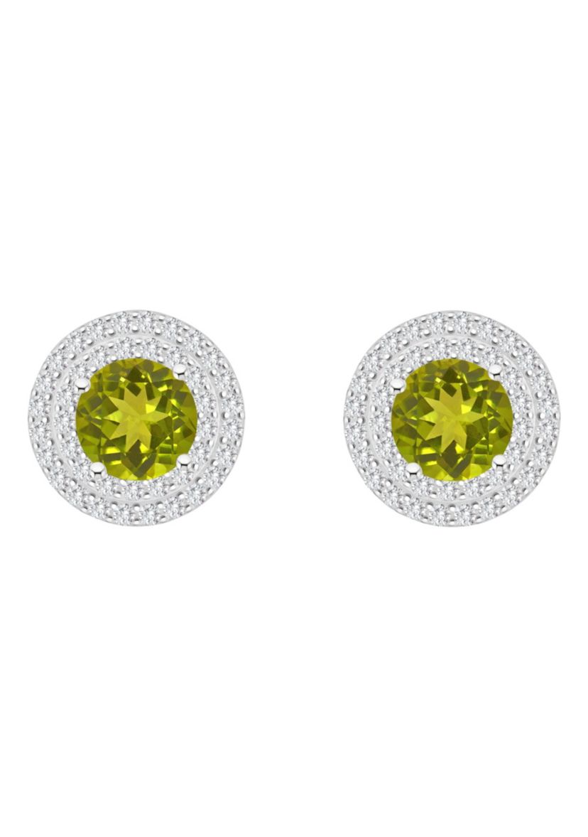 Sterling Silver 7mm Round Peridot And White Topaz Double Halo Stud Earrings