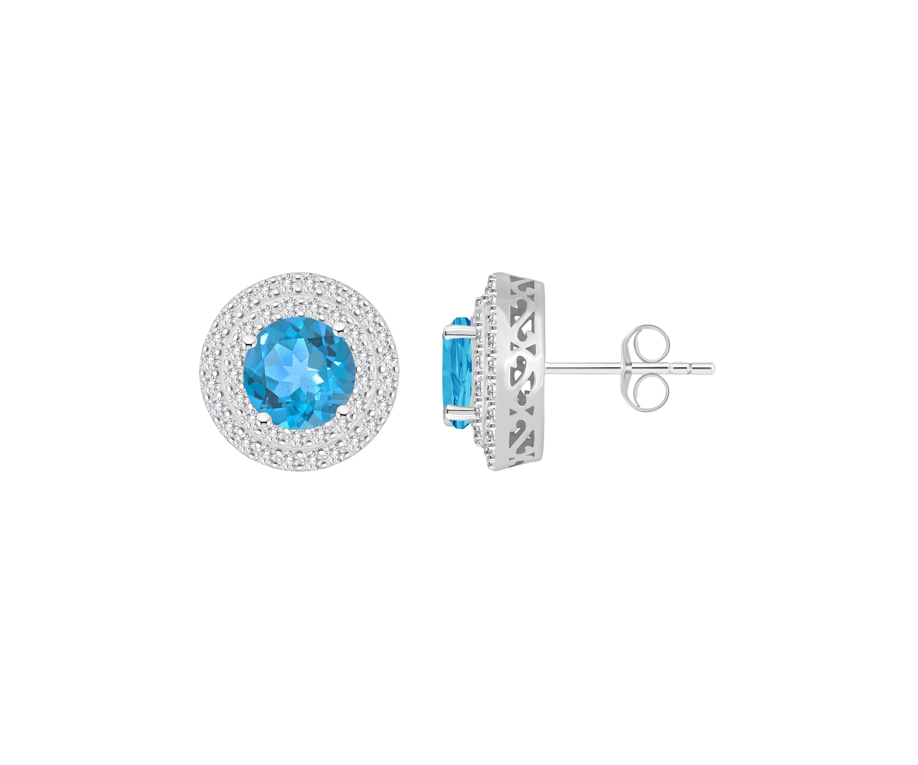 Sterling Silver 7mm Round Blue Topaz And White Topaz Double Halo Stud Earrings