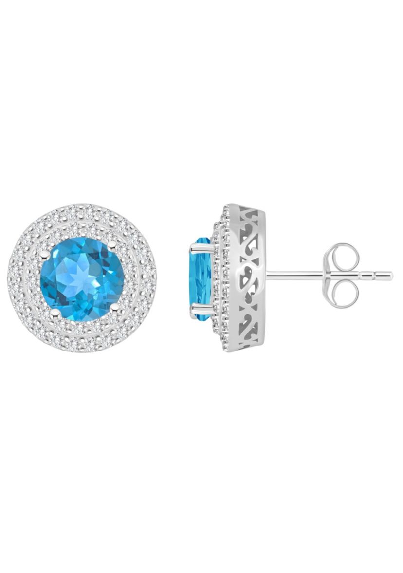 Sterling Silver 7mm Round Blue Topaz And White Topaz Double Halo Stud Earrings