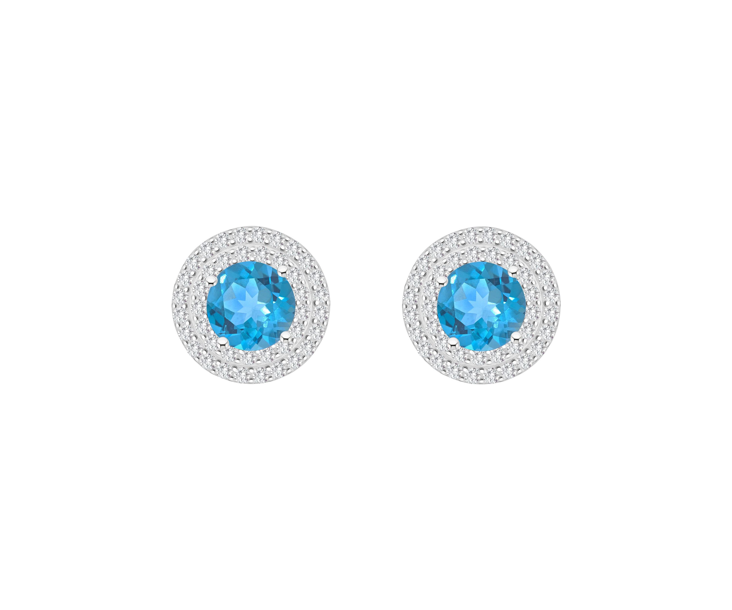 Sterling Silver 7mm Round Blue Topaz And White Topaz Double Halo Stud Earrings