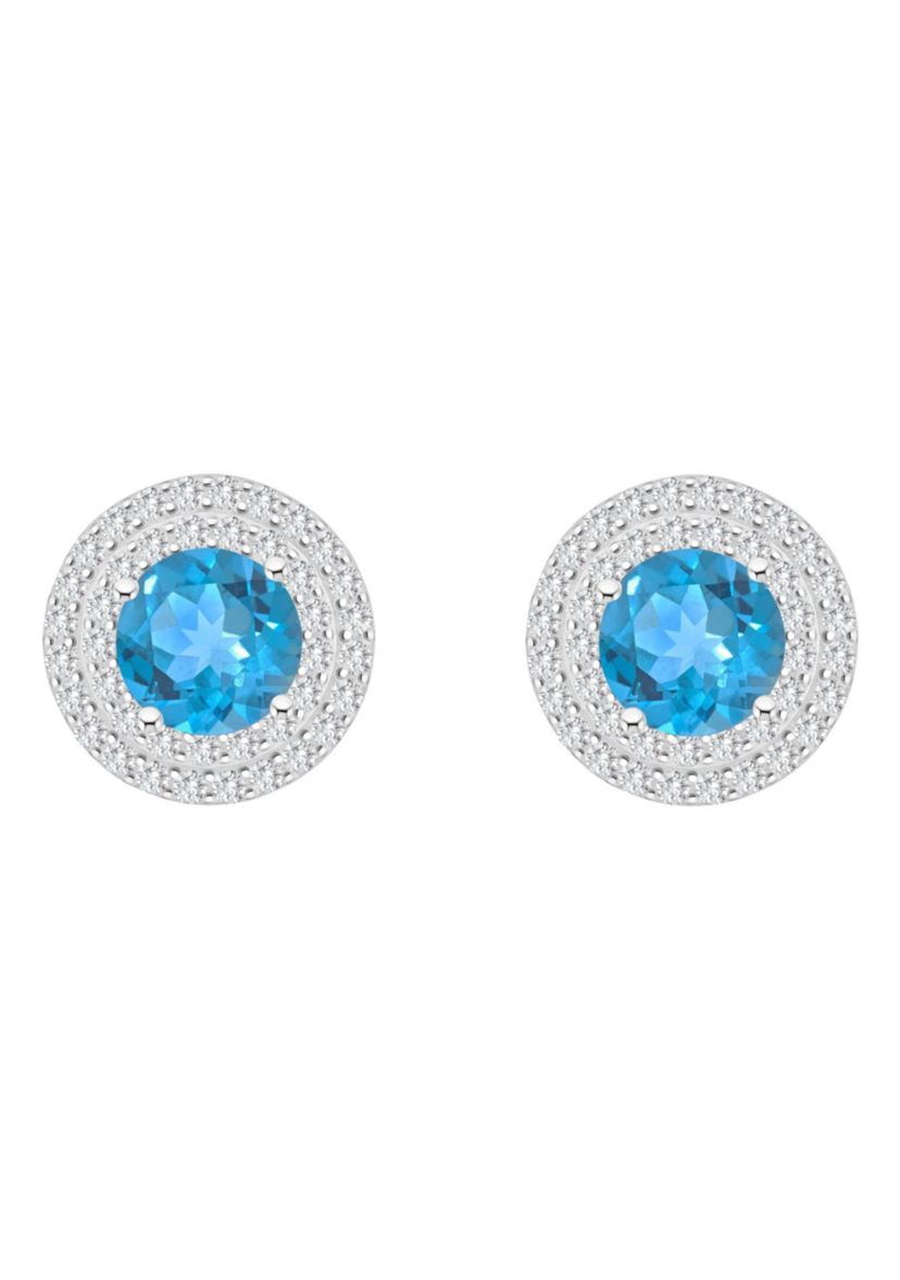Sterling Silver 7mm Round Blue Topaz And White Topaz Double Halo Stud Earrings