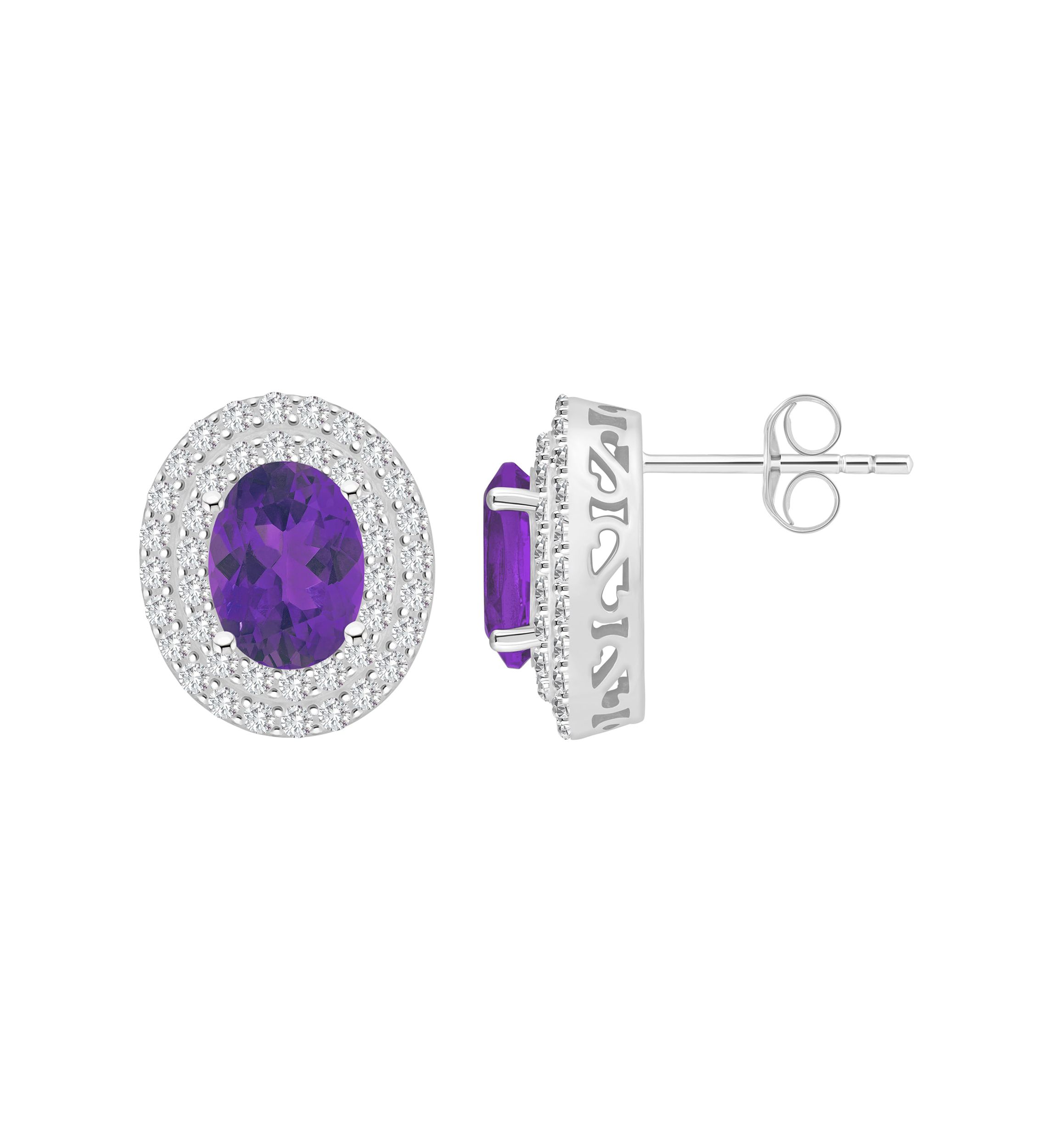 Sterling Silver 8x6mm Oval Amethyst And White Topaz Double Halo Stud Earrings