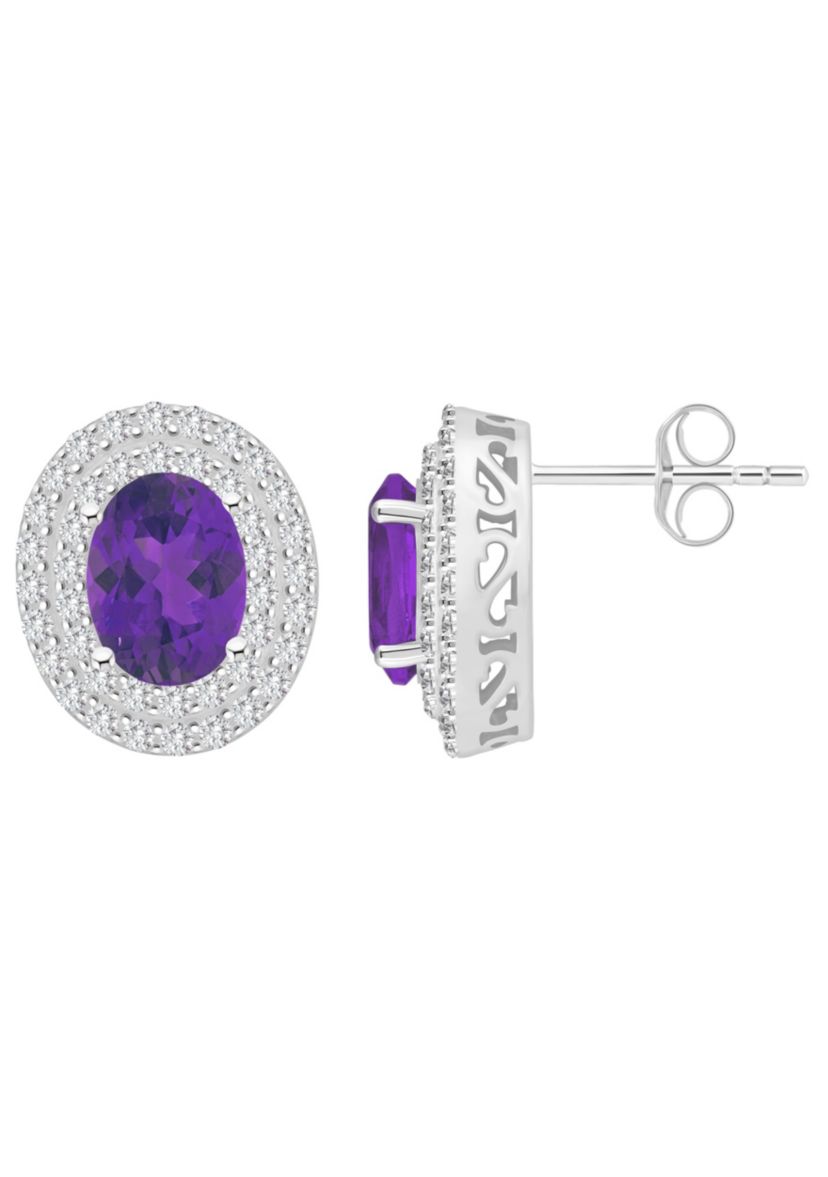 Sterling Silver 8x6mm Oval Amethyst And White Topaz Double Halo Stud Earrings