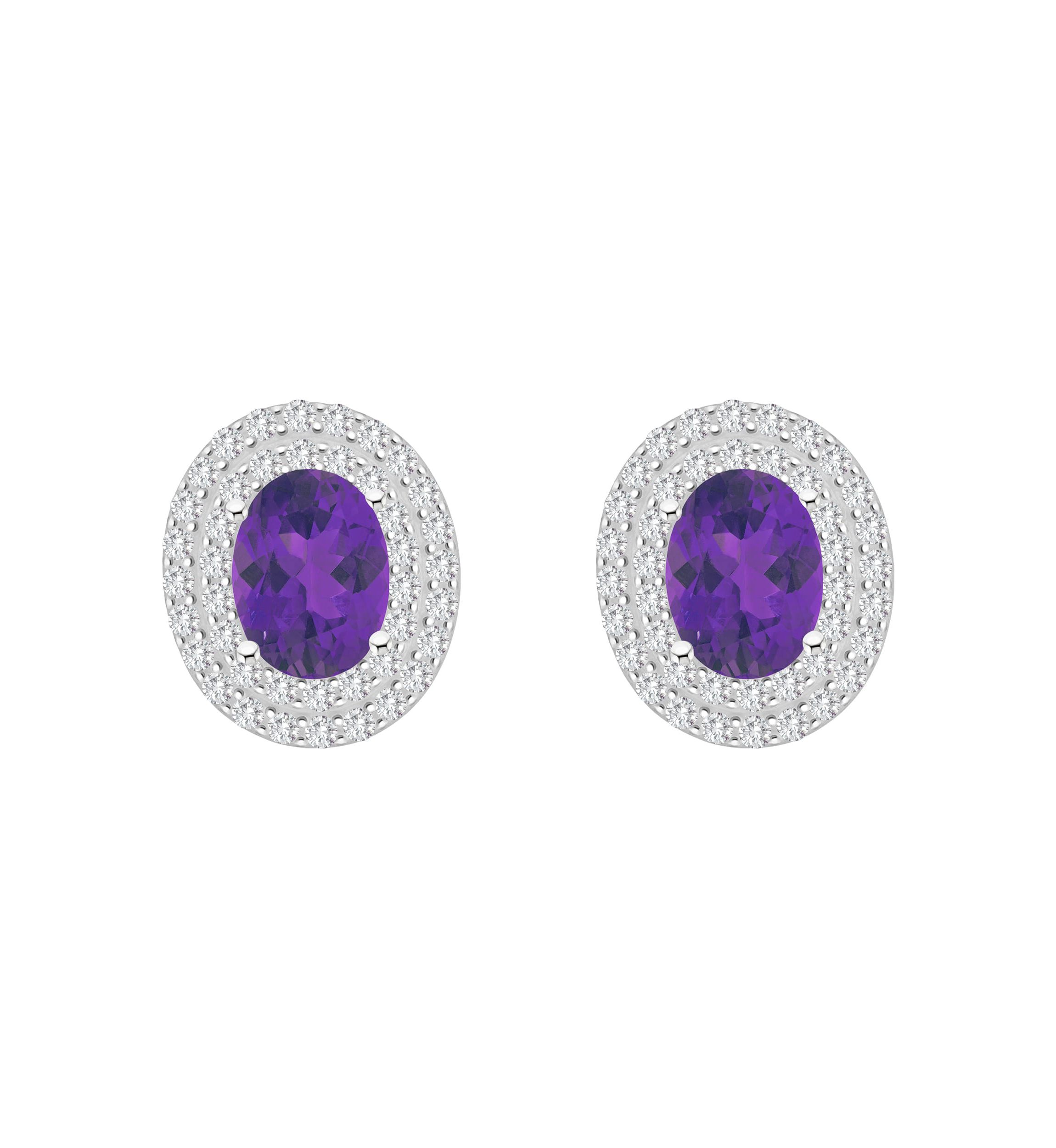 Sterling Silver 8x6mm Oval Amethyst And White Topaz Double Halo Stud Earrings