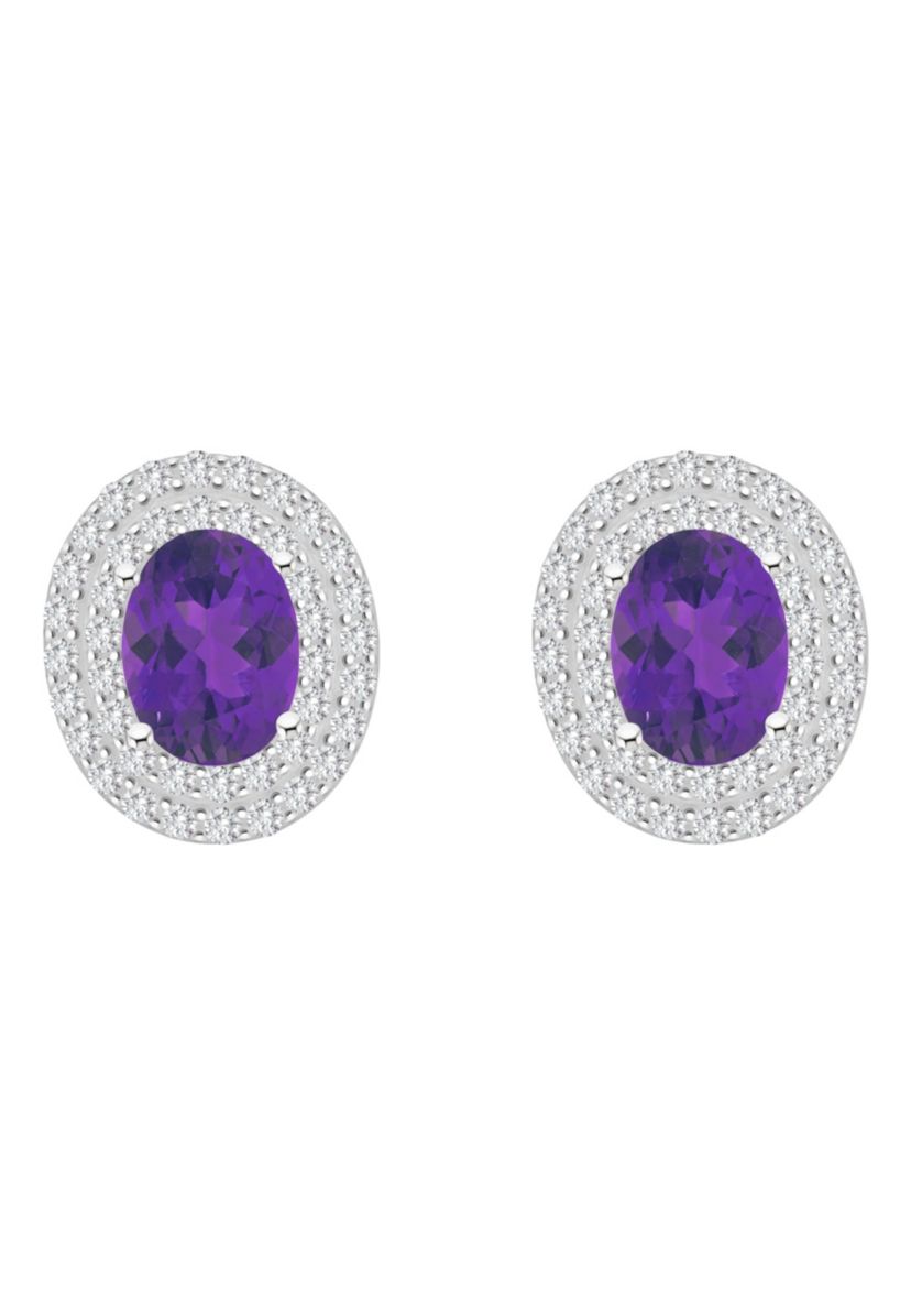 Sterling Silver 8x6mm Oval Amethyst And White Topaz Double Halo Stud Earrings