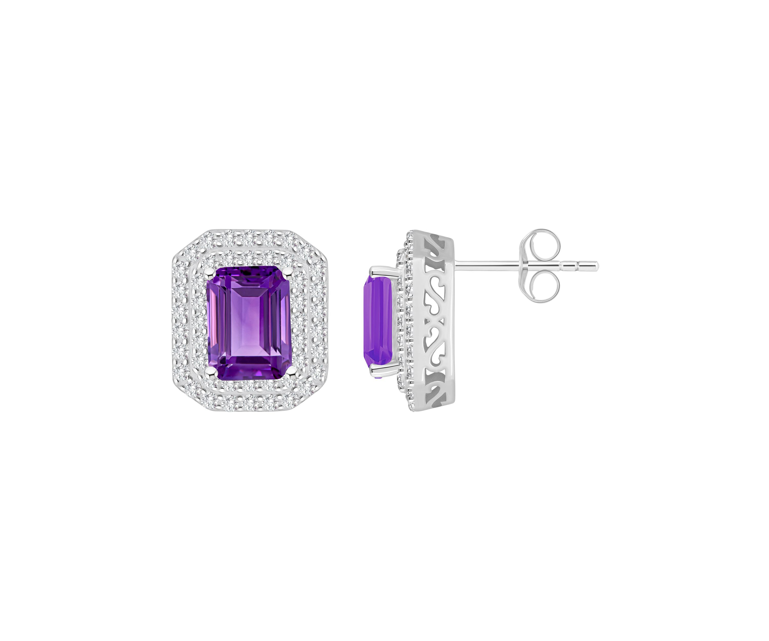 Sterling Silver 8x6mm Emerald Cut Amethyst And White Topaz Double Halo Stud Earrings