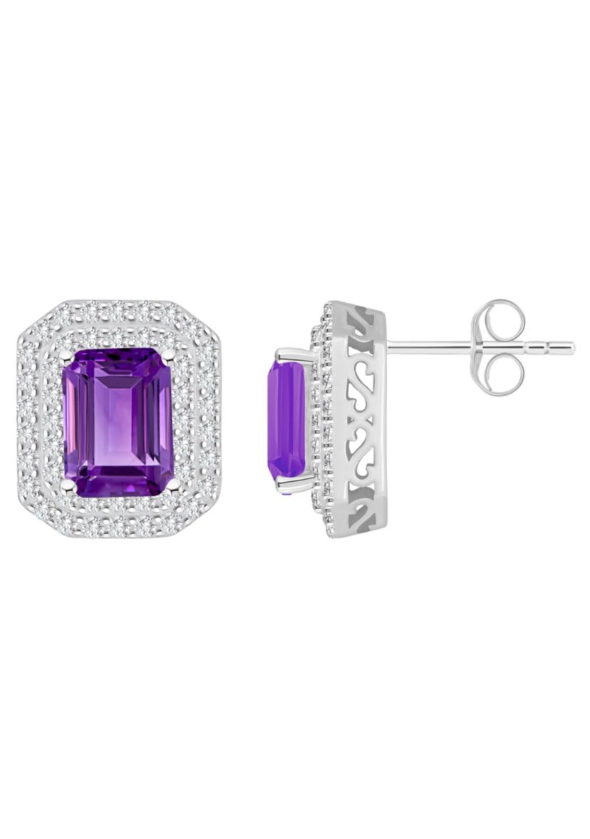 Sterling Silver 8x6mm Emerald Cut Amethyst And White Topaz Double Halo Stud Earrings