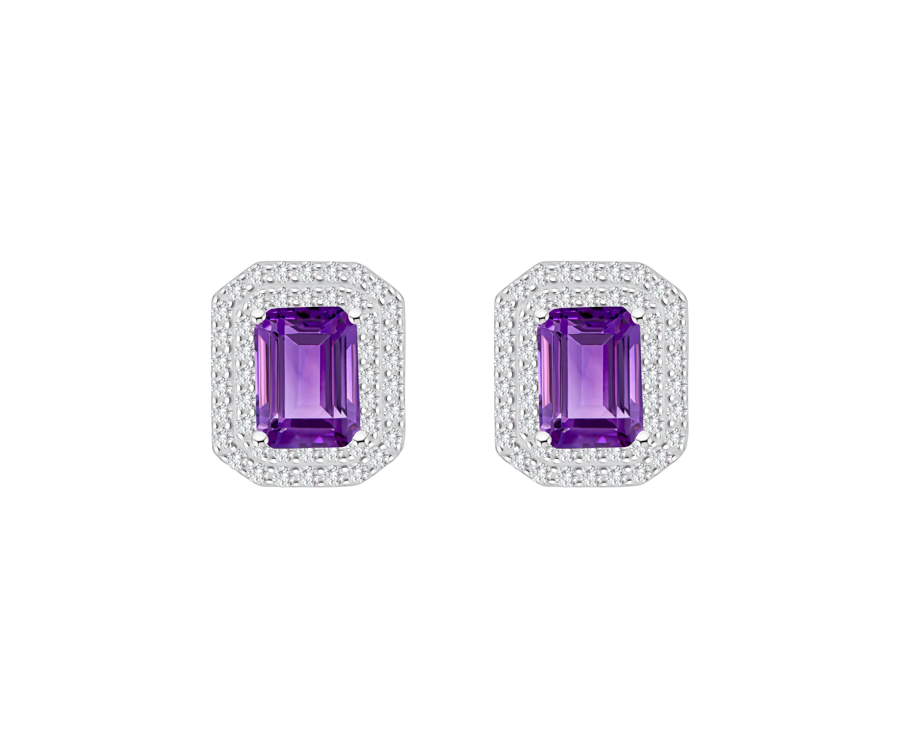 Sterling Silver 8x6mm Emerald Cut Amethyst And White Topaz Double Halo Stud Earrings