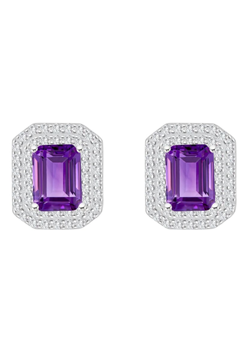 Sterling Silver 8x6mm Emerald Cut Amethyst And White Topaz Double Halo Stud Earrings