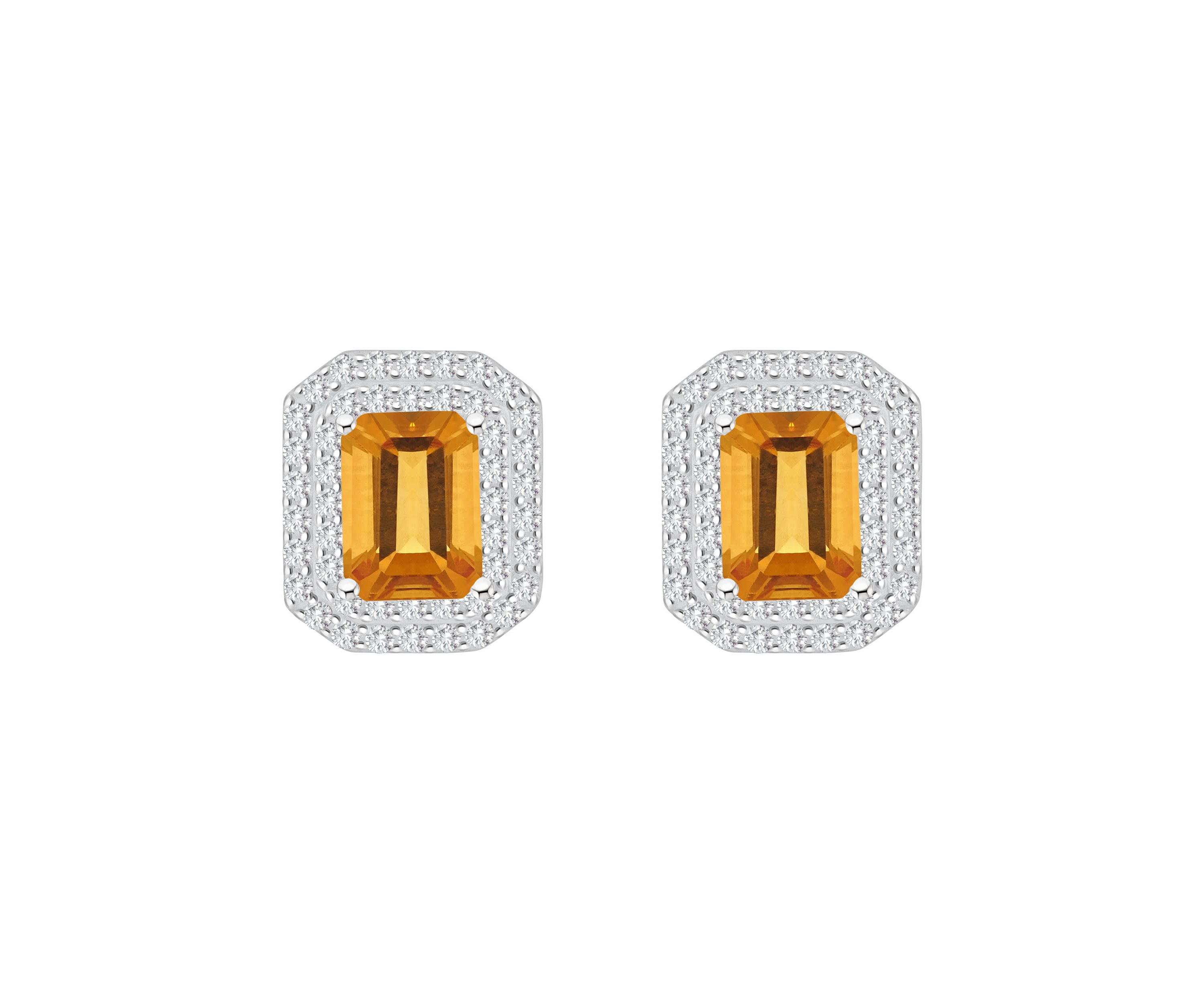 Sterling Silver 8x6mm Emerald Cut Citrine And White Topaz Double Halo Stud Earrings