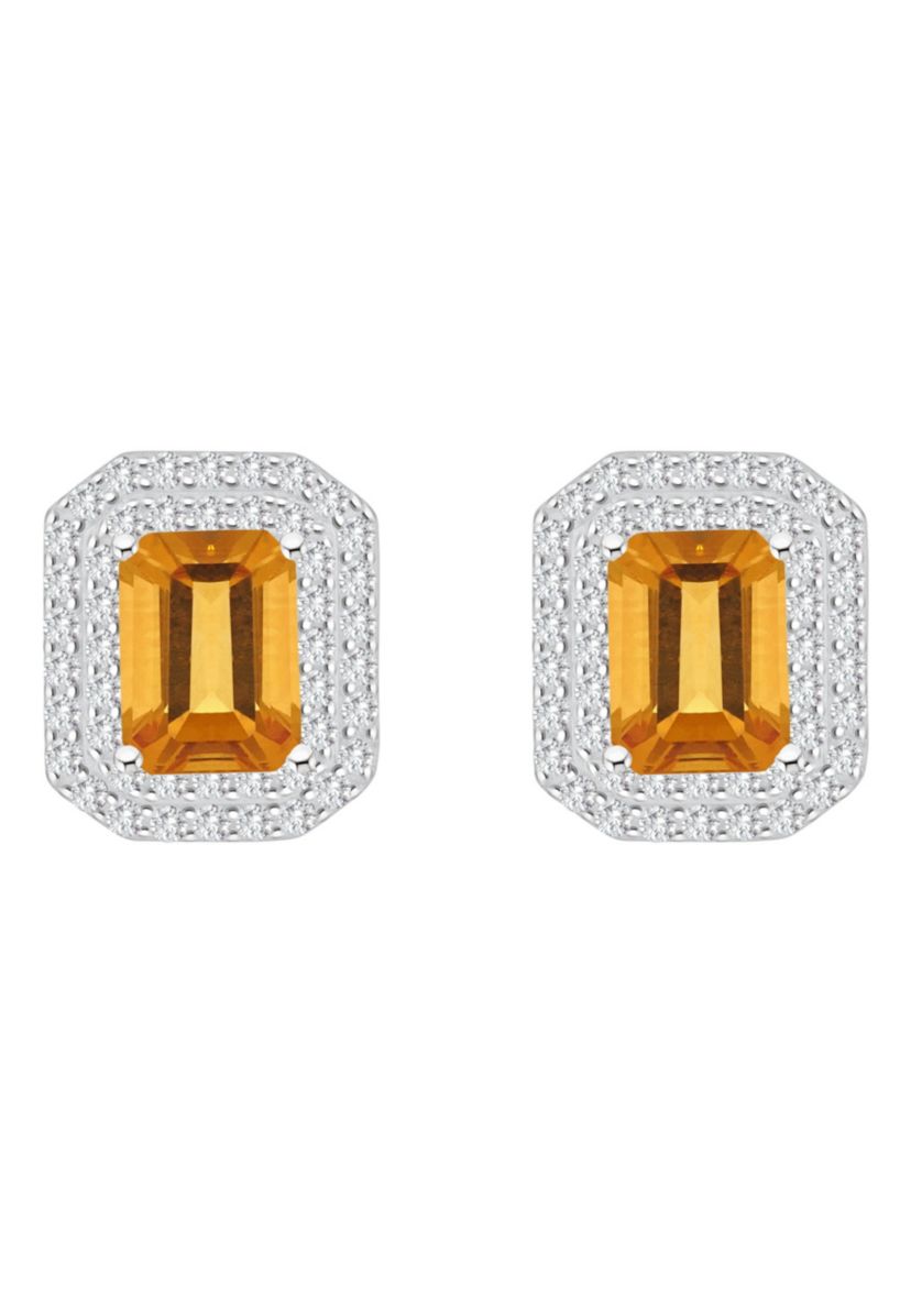 Sterling Silver 8x6mm Emerald Cut Citrine And White Topaz Double Halo Stud Earrings