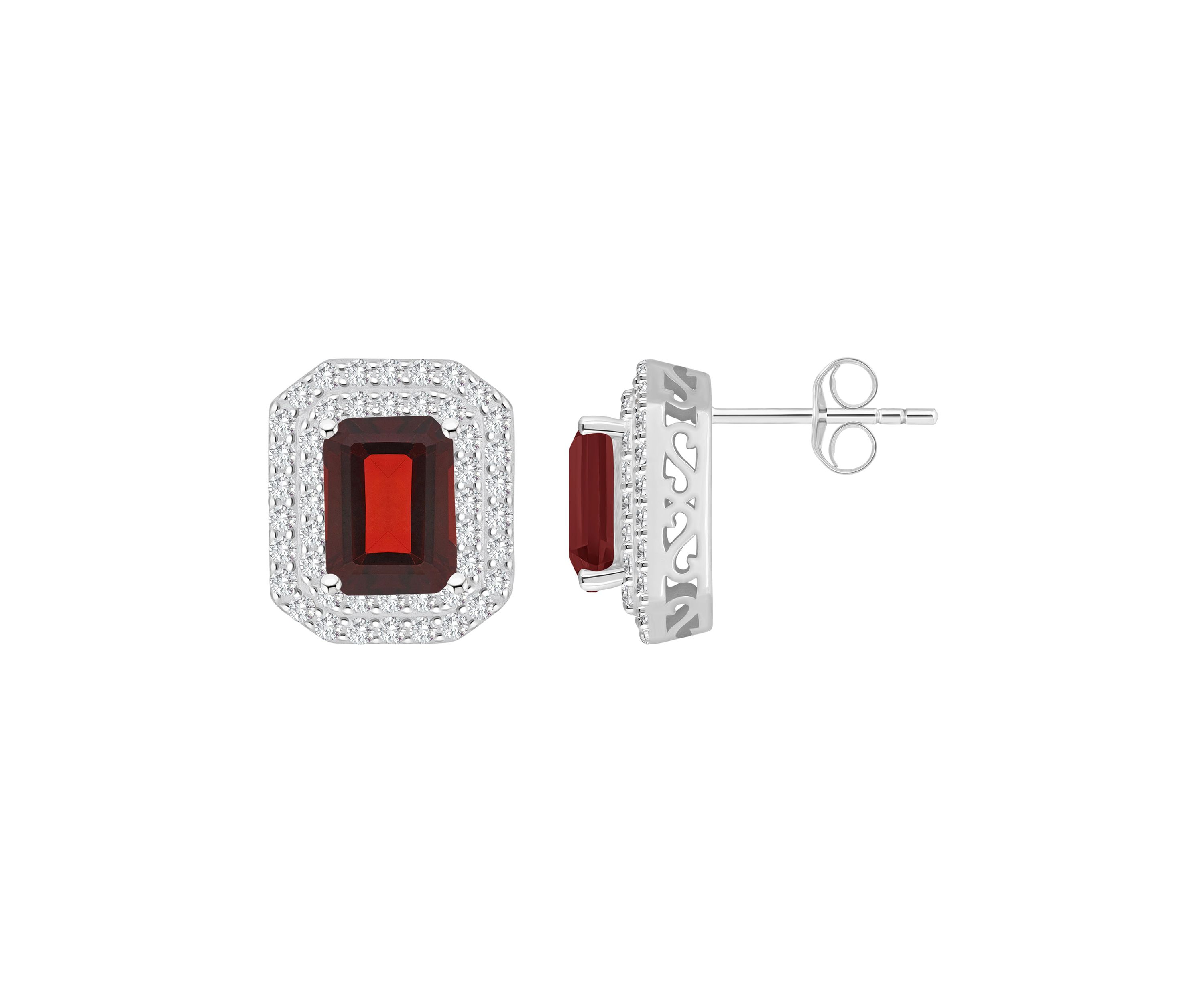Sterling Silver 8x6mm Emerald Cut Garnet And White Topaz Double Halo Stud Earrings