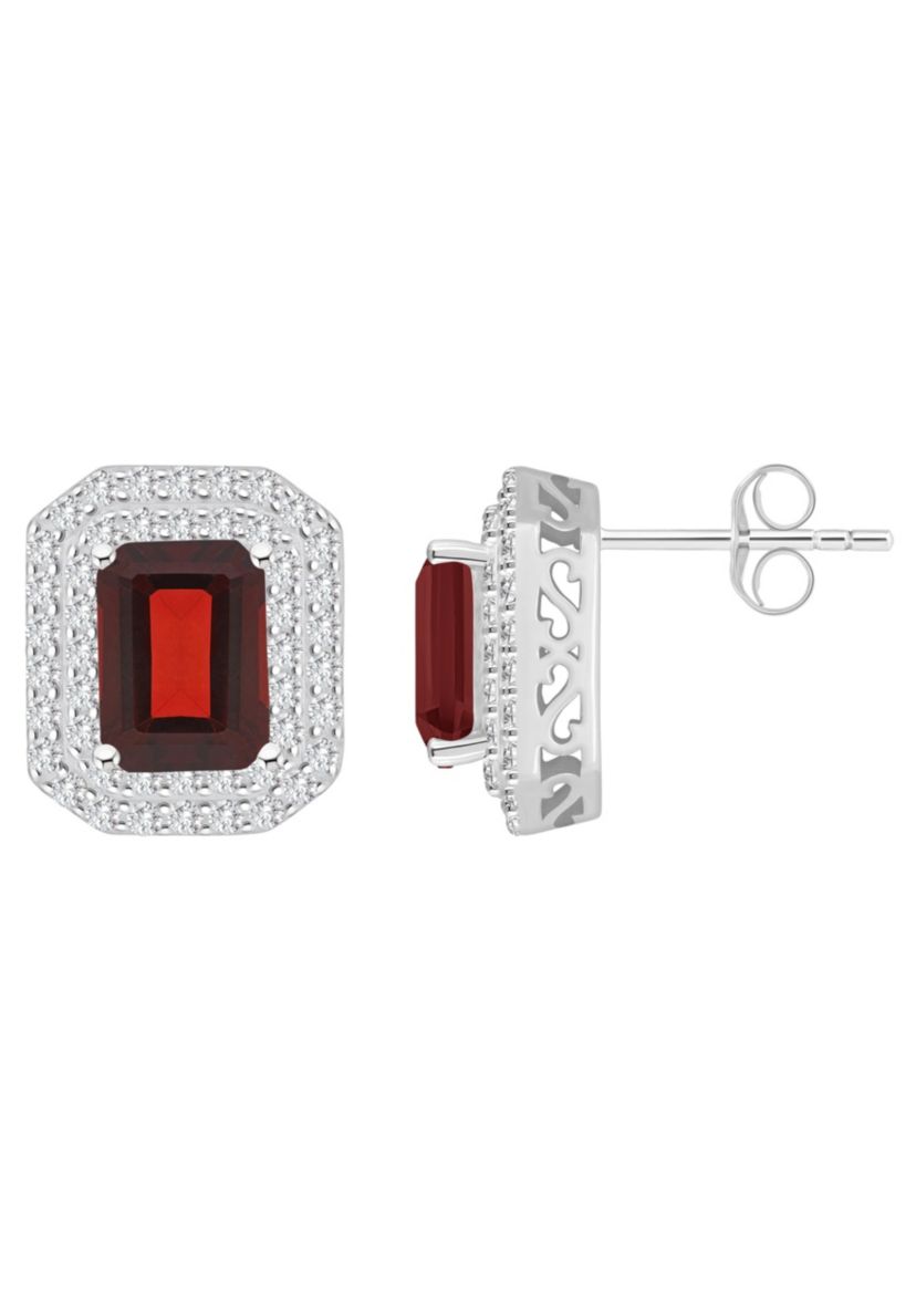 Sterling Silver 8x6mm Emerald Cut Garnet And White Topaz Double Halo Stud Earrings