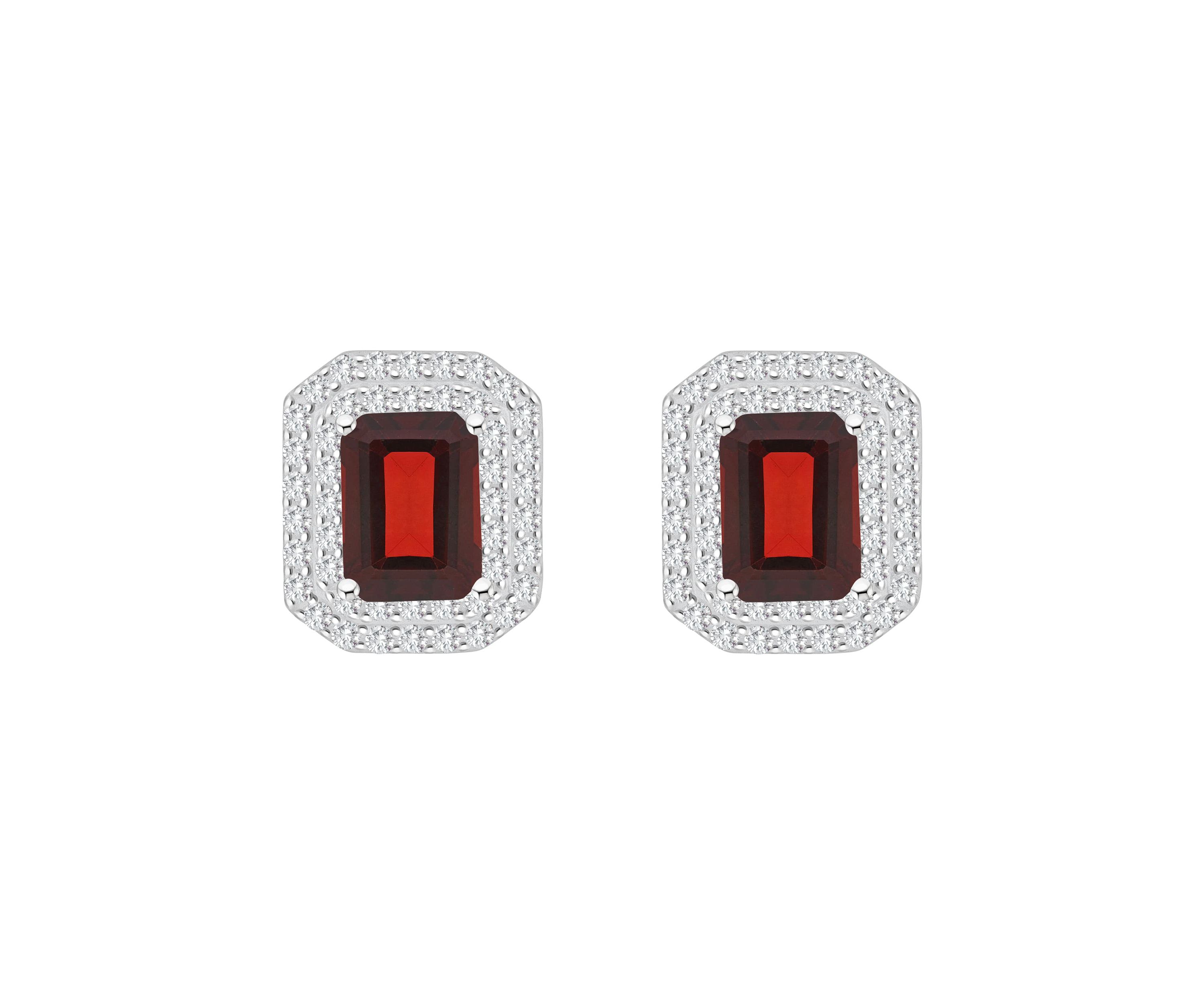 Sterling Silver 8x6mm Emerald Cut Garnet And White Topaz Double Halo Stud Earrings