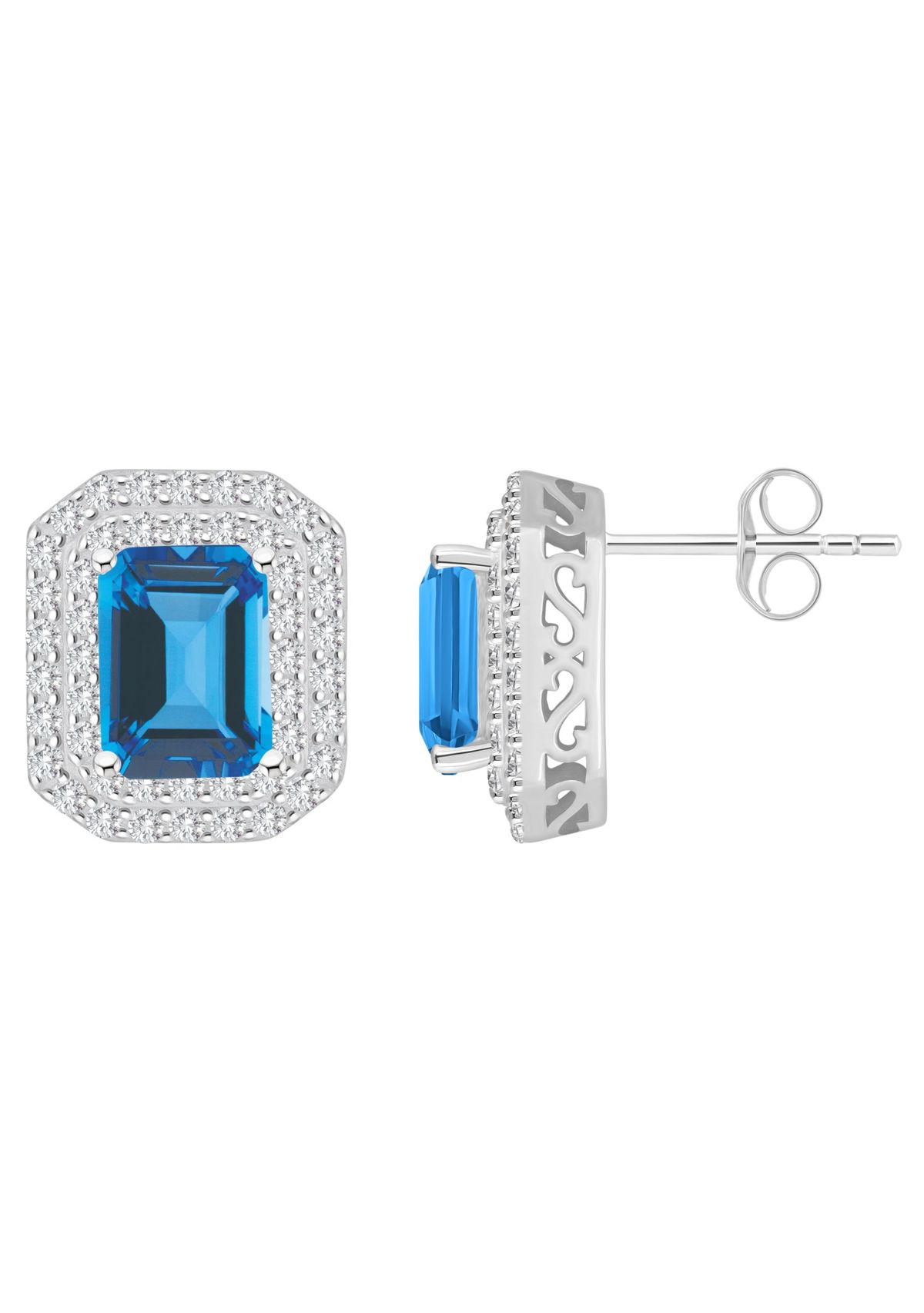 Sterling Silver 8x6mm Emerald Cut Blue Topaz And White Topaz Double Halo Stud Earrings