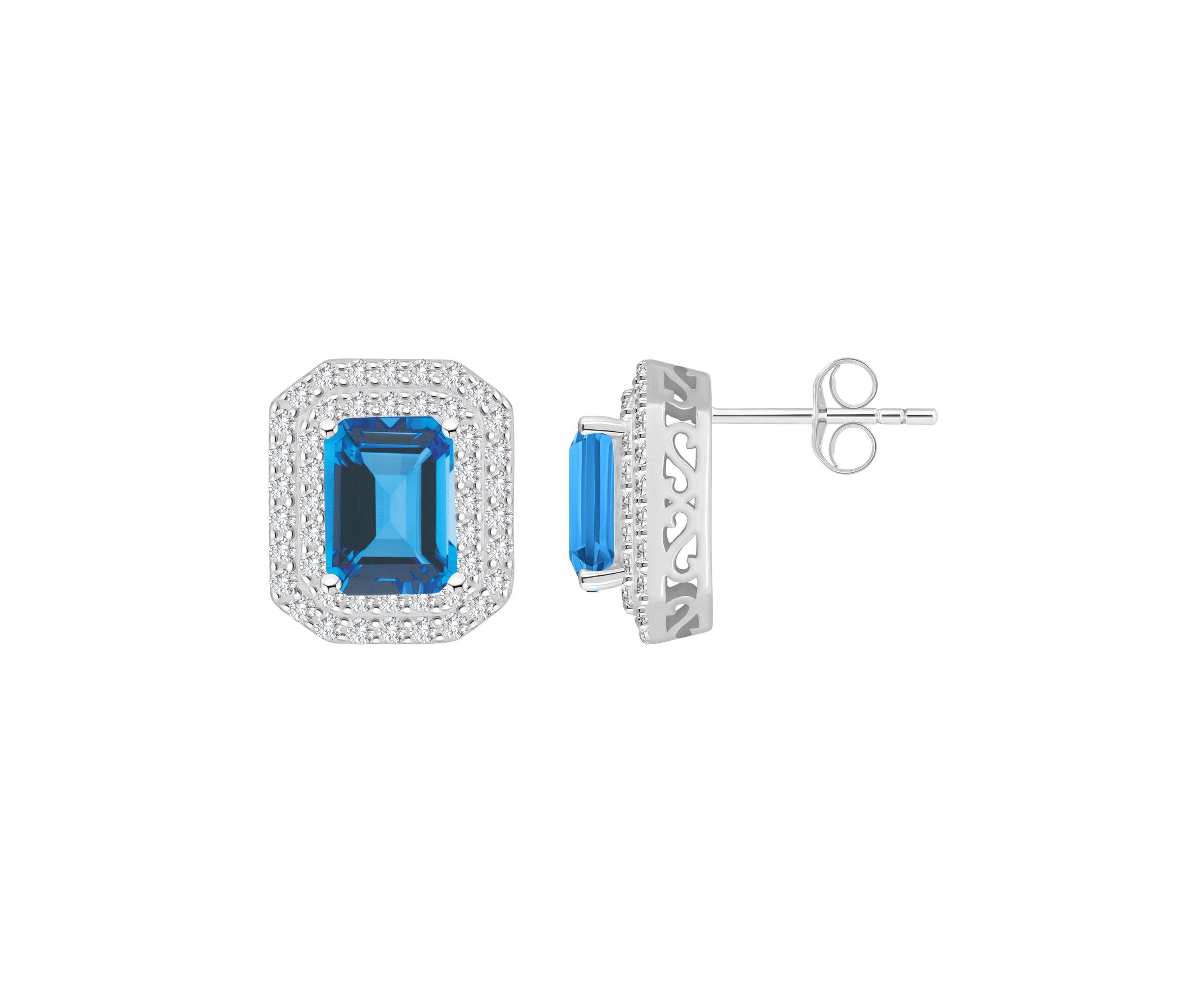 Sterling Silver 8x6mm Emerald Cut Blue Topaz And White Topaz Double Halo Stud Earrings