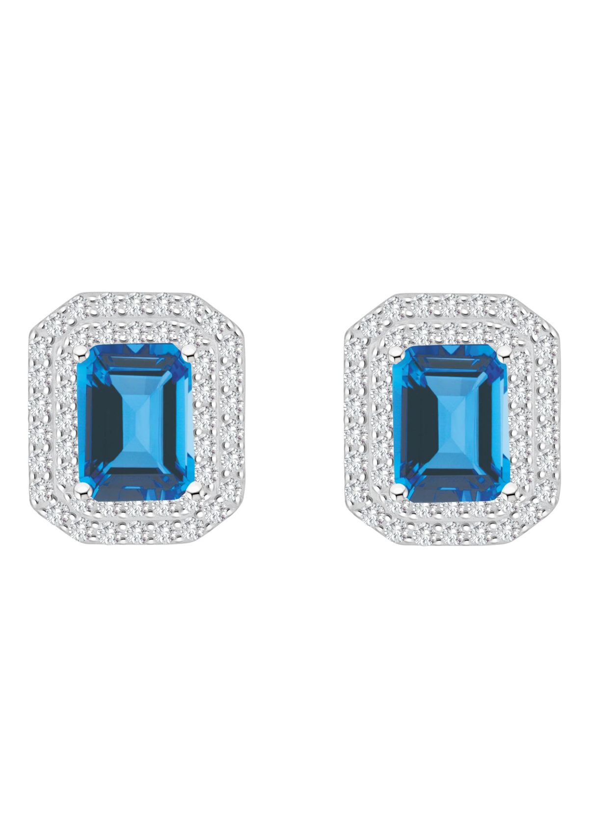 Sterling Silver 8x6mm Emerald Cut Blue Topaz And White Topaz Double Halo Stud Earrings