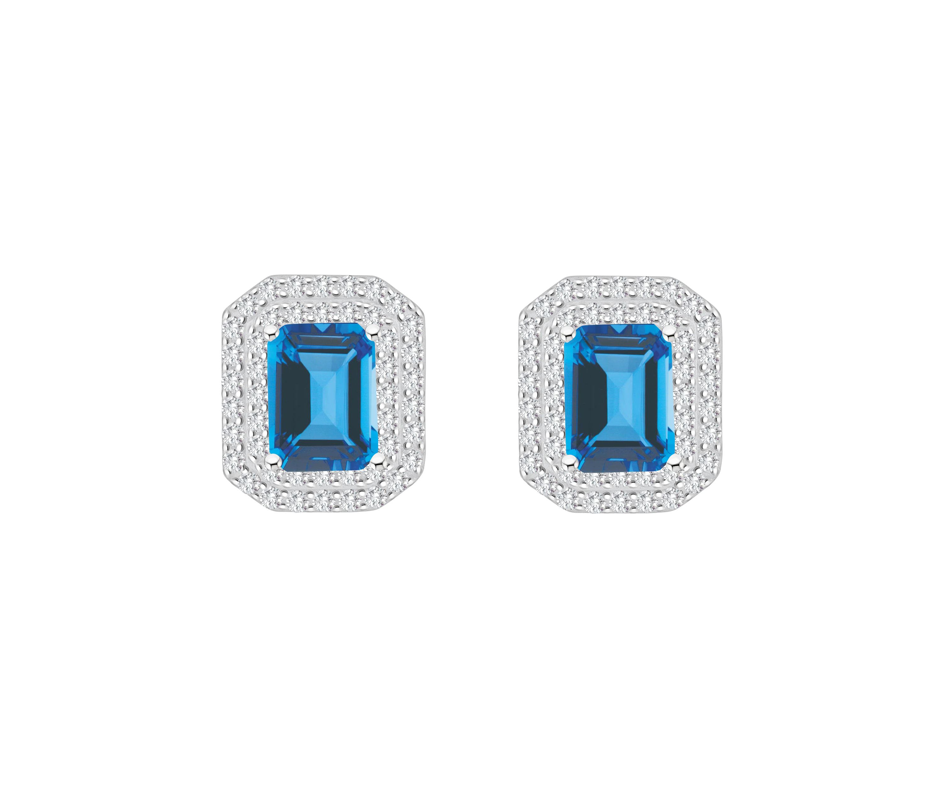 Sterling Silver 8x6mm Emerald Cut Blue Topaz And White Topaz Double Halo Stud Earrings