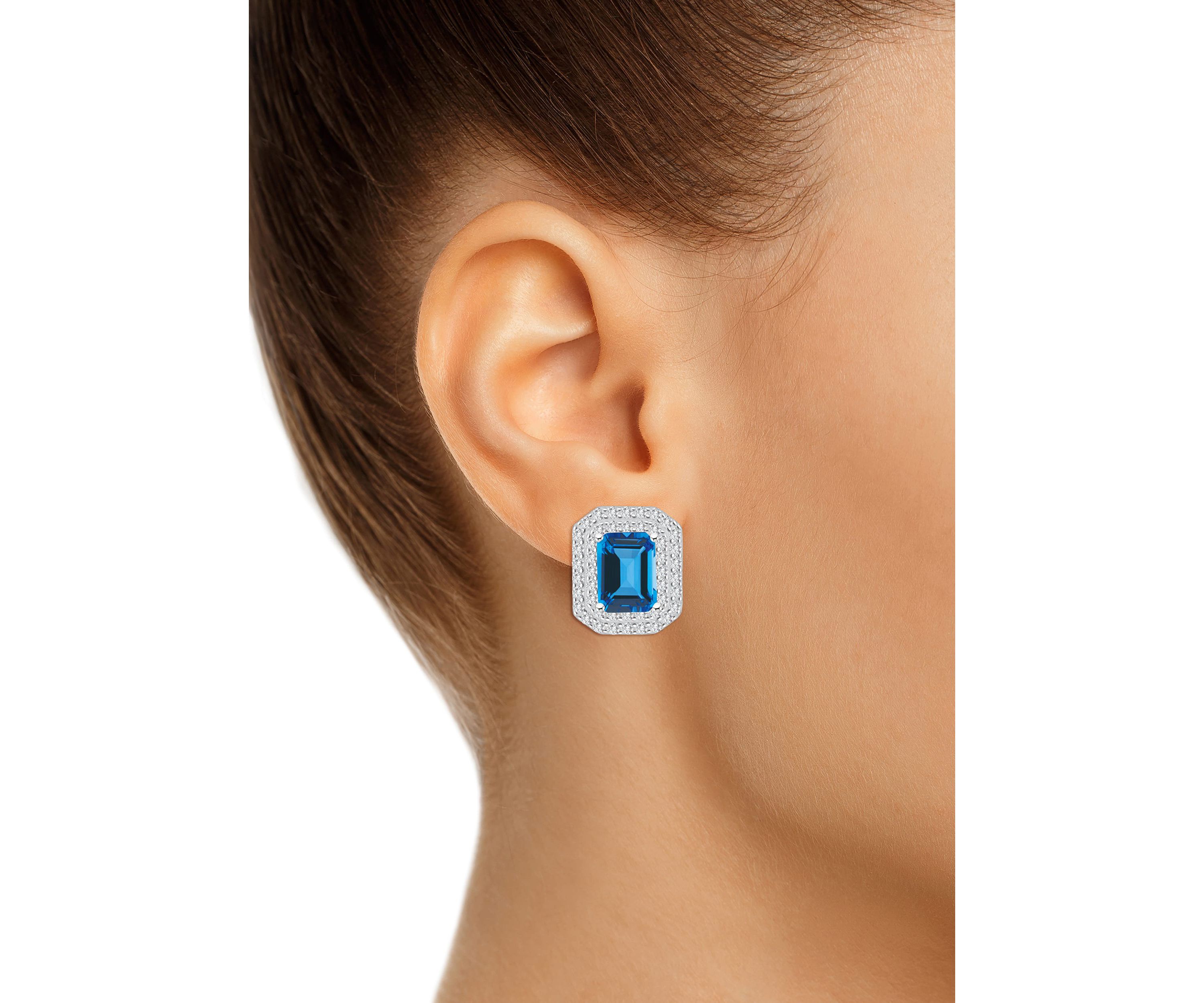 Sterling Silver 8x6mm Emerald Cut Blue Topaz And White Topaz Double Halo Stud Earrings