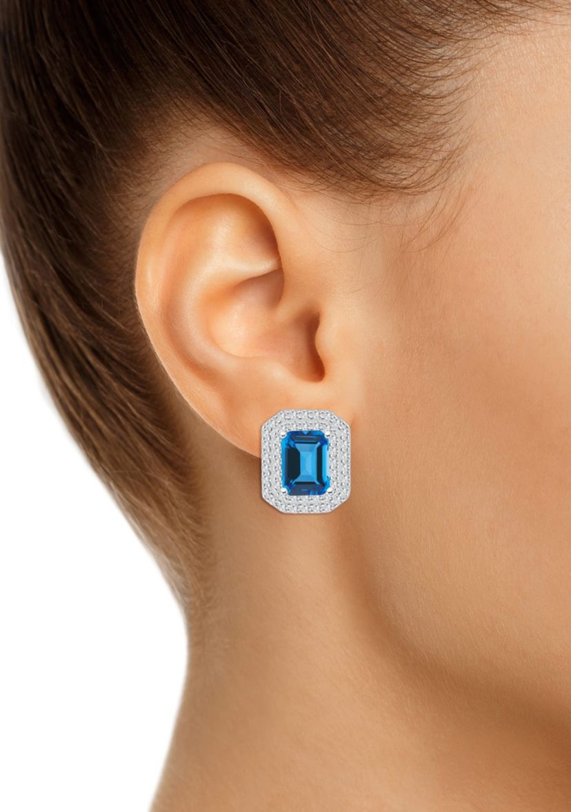 Sterling Silver 8x6mm Emerald Cut Blue Topaz And White Topaz Double Halo Stud Earrings