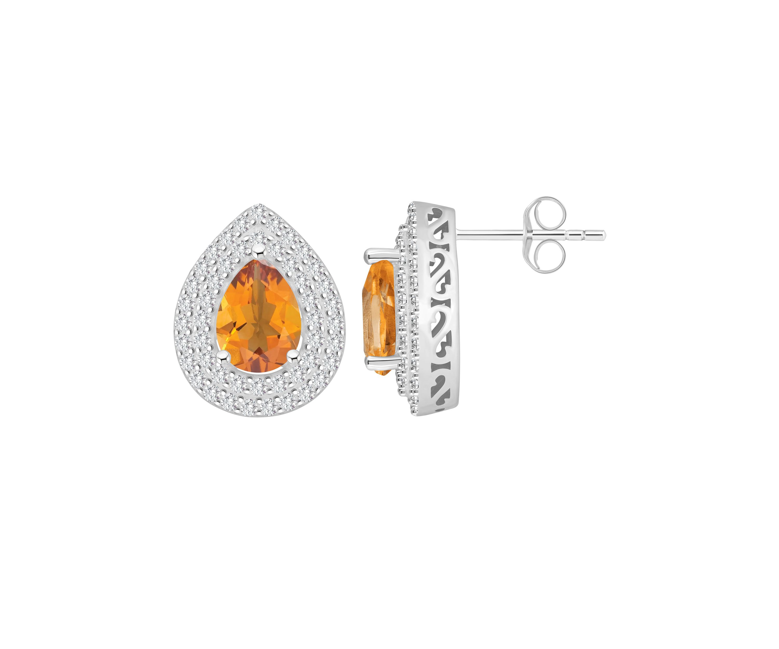 Sterling Silver 8x5mm Pear Shape Citrine And White Topaz Double Halo Stud Earrings