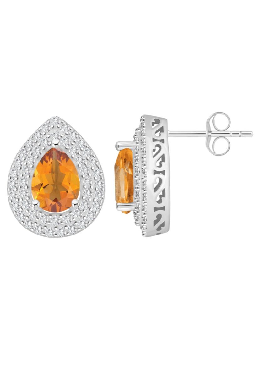 Sterling Silver 8x5mm Pear Shape Citrine And White Topaz Double Halo Stud Earrings
