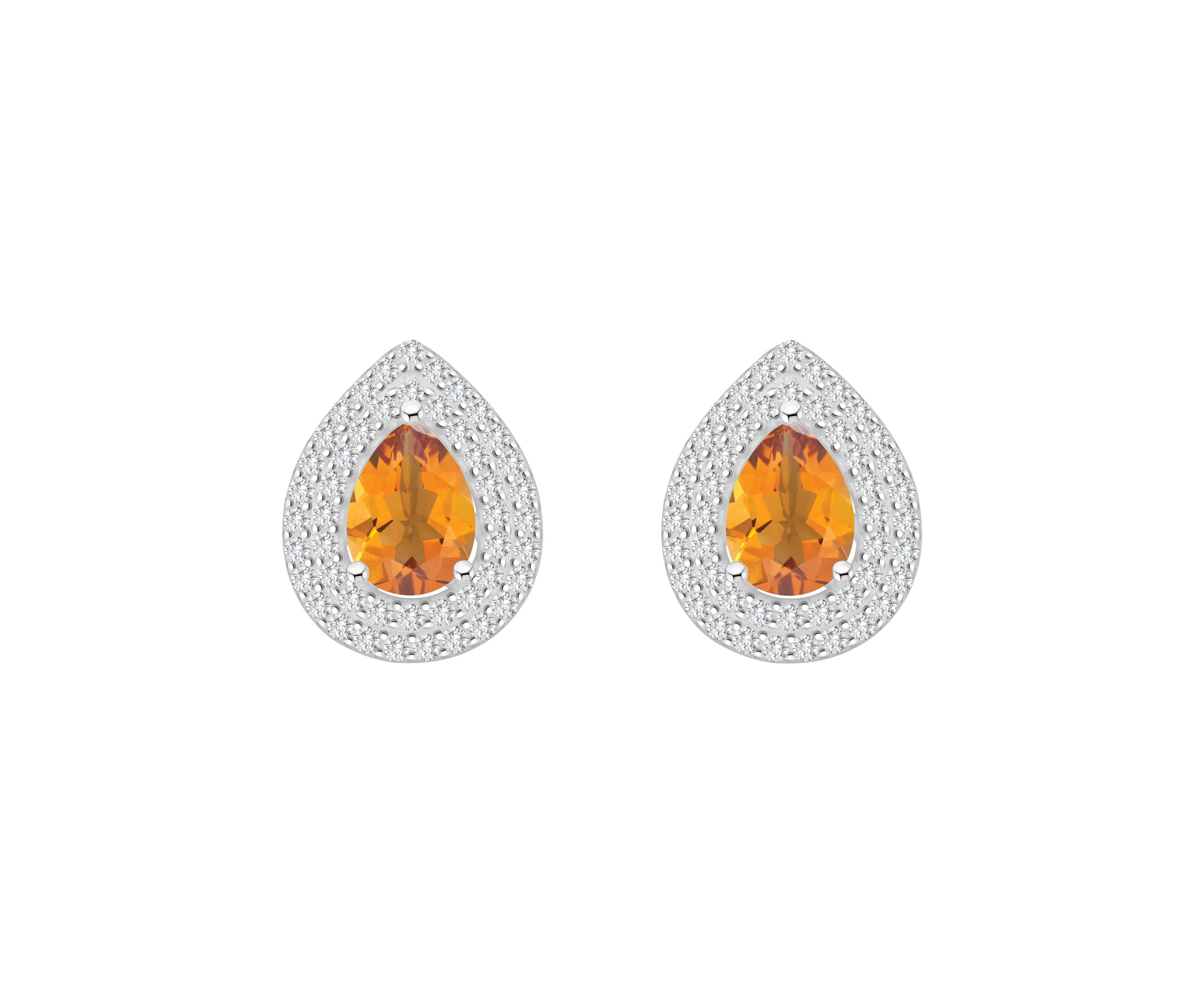 Sterling Silver 8x5mm Pear Shape Citrine And White Topaz Double Halo Stud Earrings