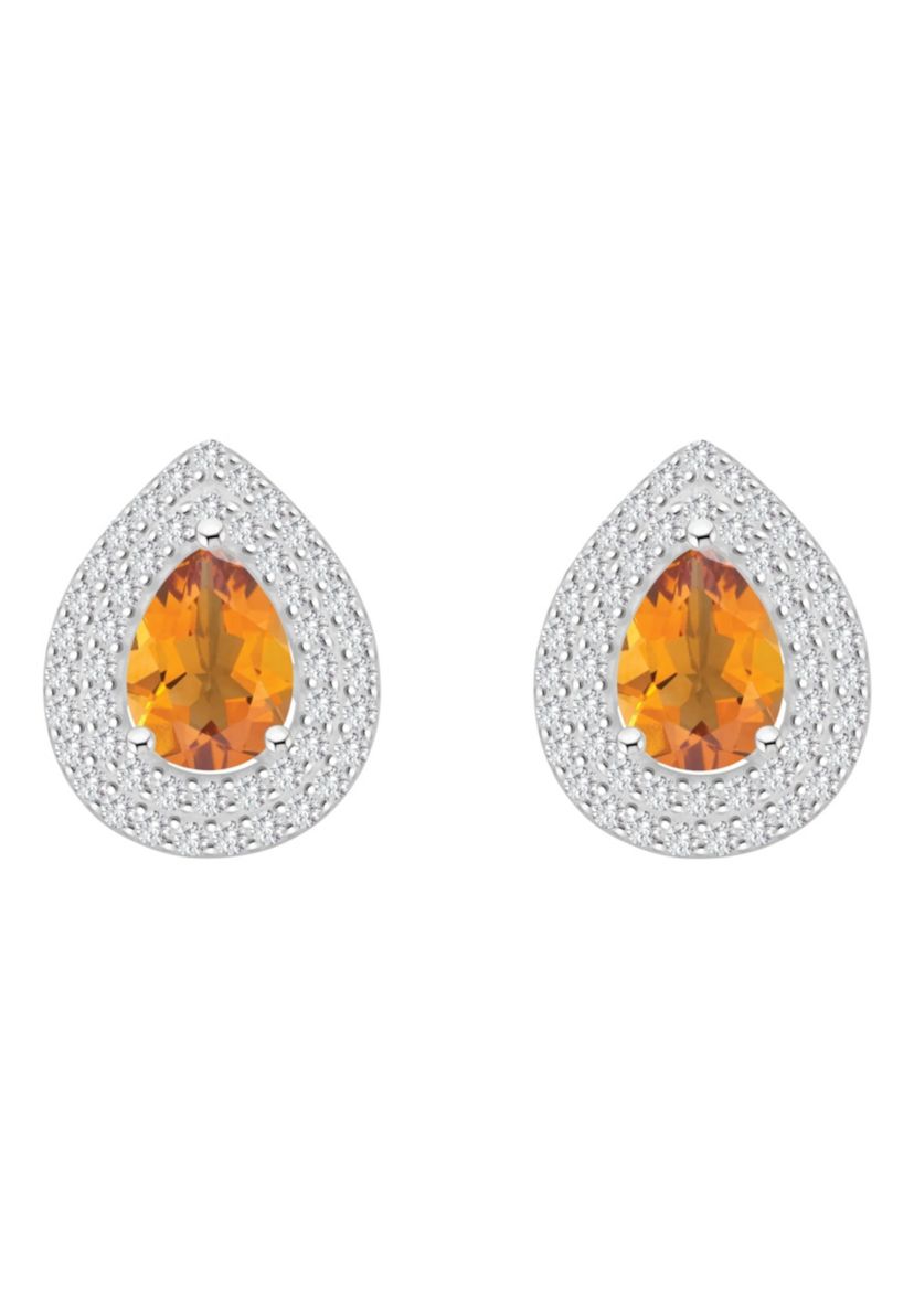 Sterling Silver 8x5mm Pear Shape Citrine And White Topaz Double Halo Stud Earrings