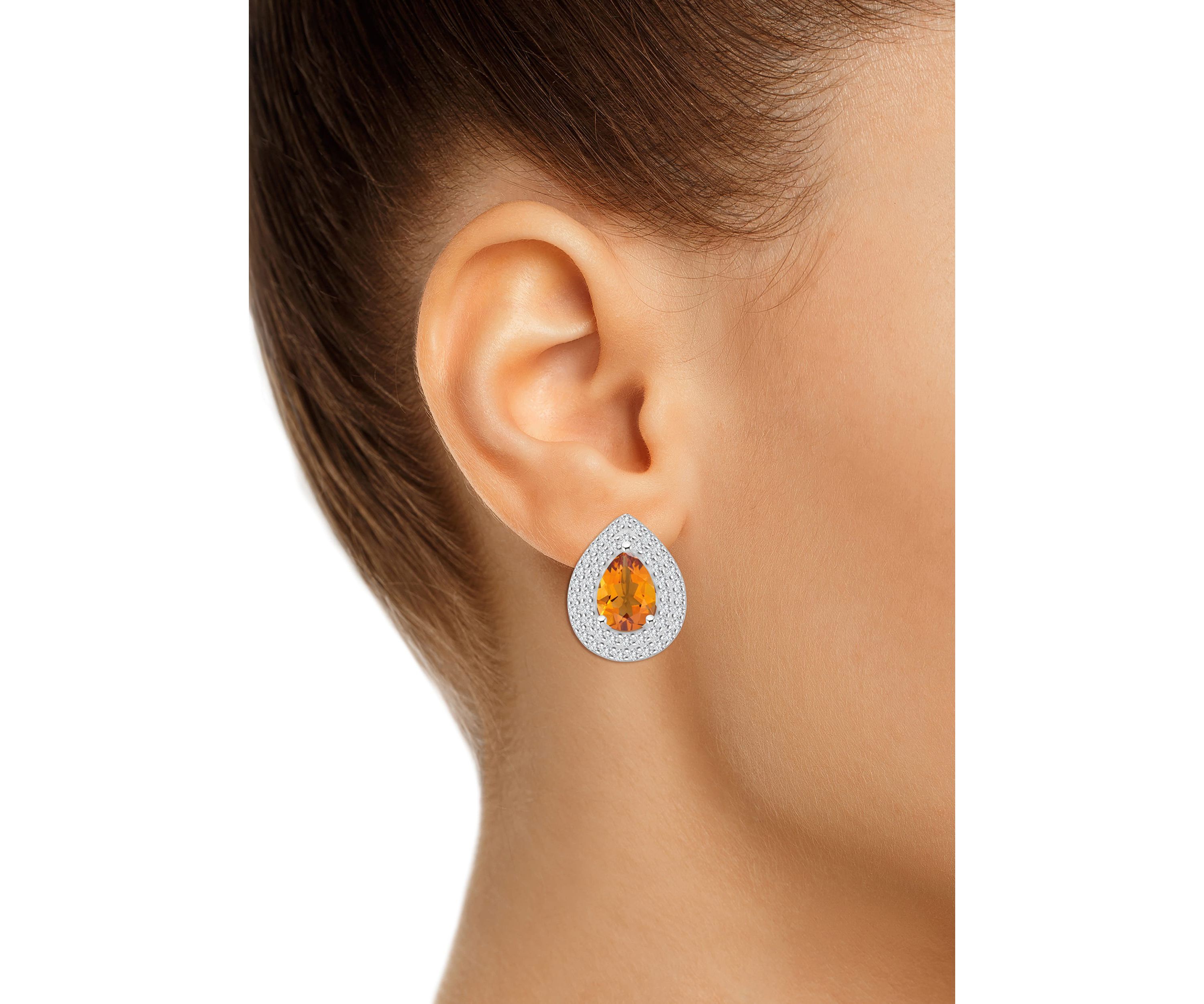 Sterling Silver 8x5mm Pear Shape Citrine And White Topaz Double Halo Stud Earrings