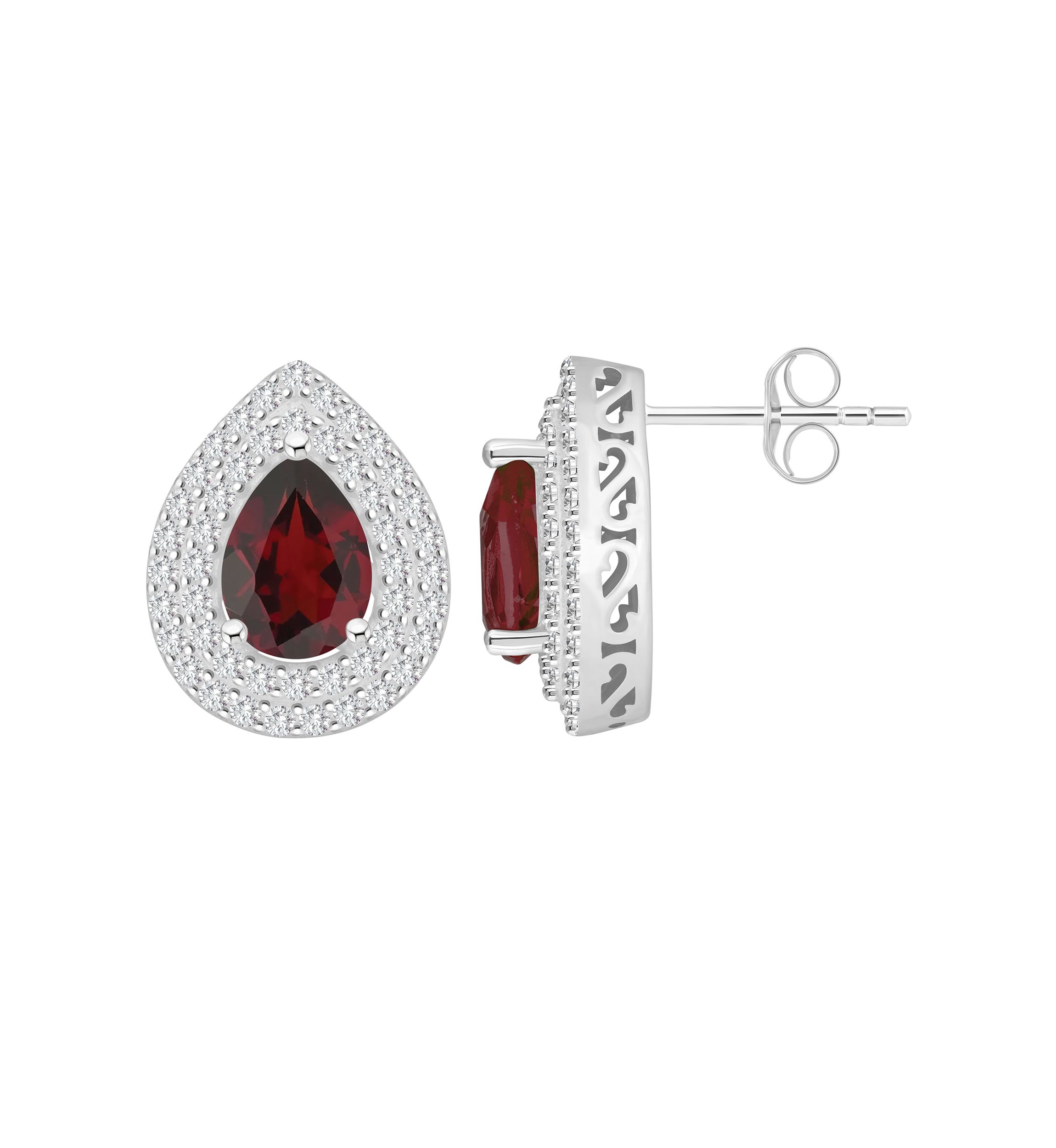 Sterling Silver 8x5mm Pear Shape Garnet And White Topaz Double Halo Stud Earrings