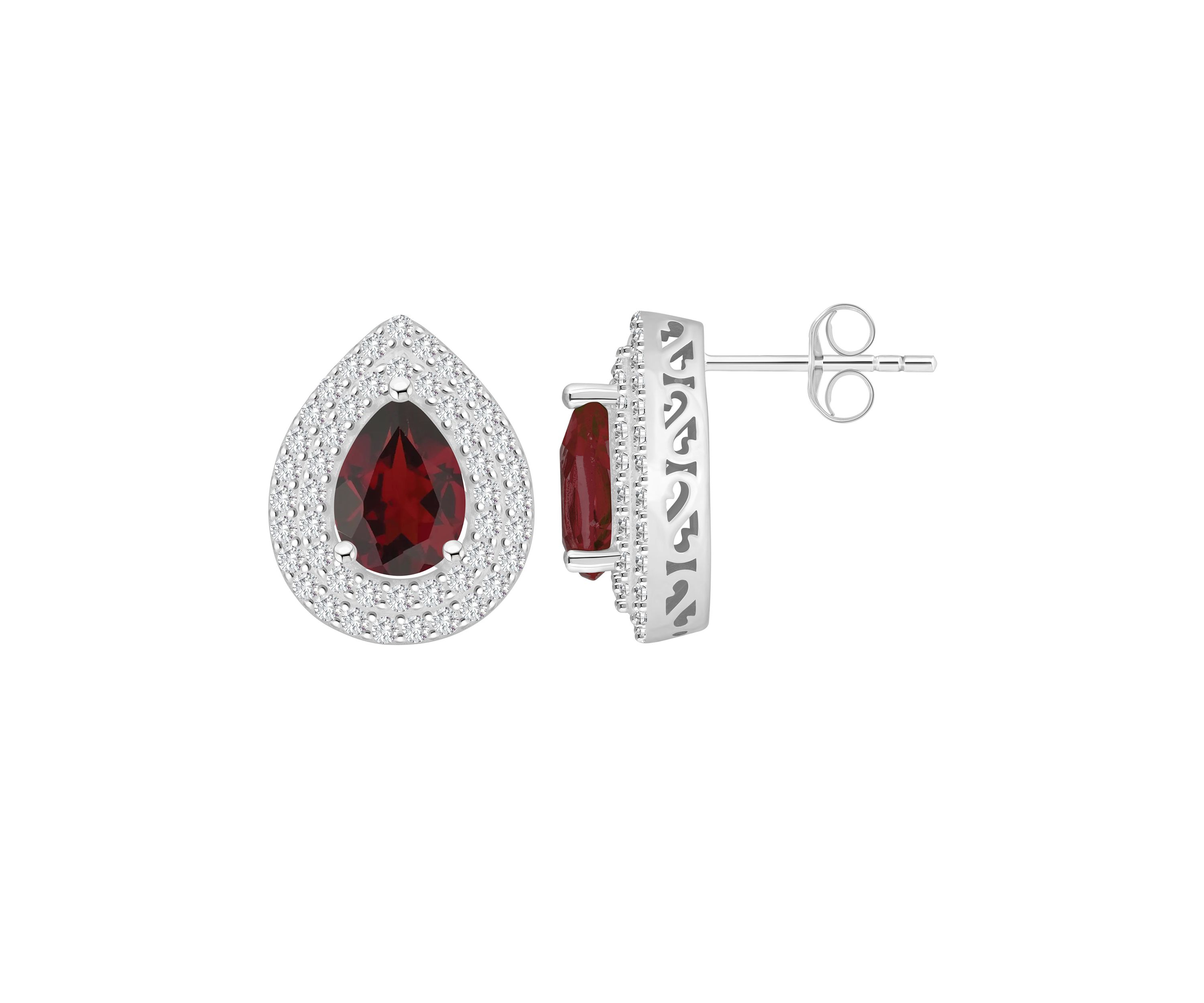 Sterling Silver 8x5mm Pear Shape Garnet And White Topaz Double Halo Stud Earrings