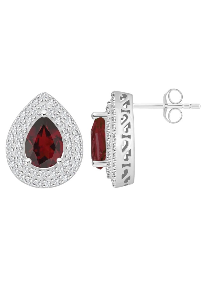 Sterling Silver 8x5mm Pear Shape Garnet And White Topaz Double Halo Stud Earrings