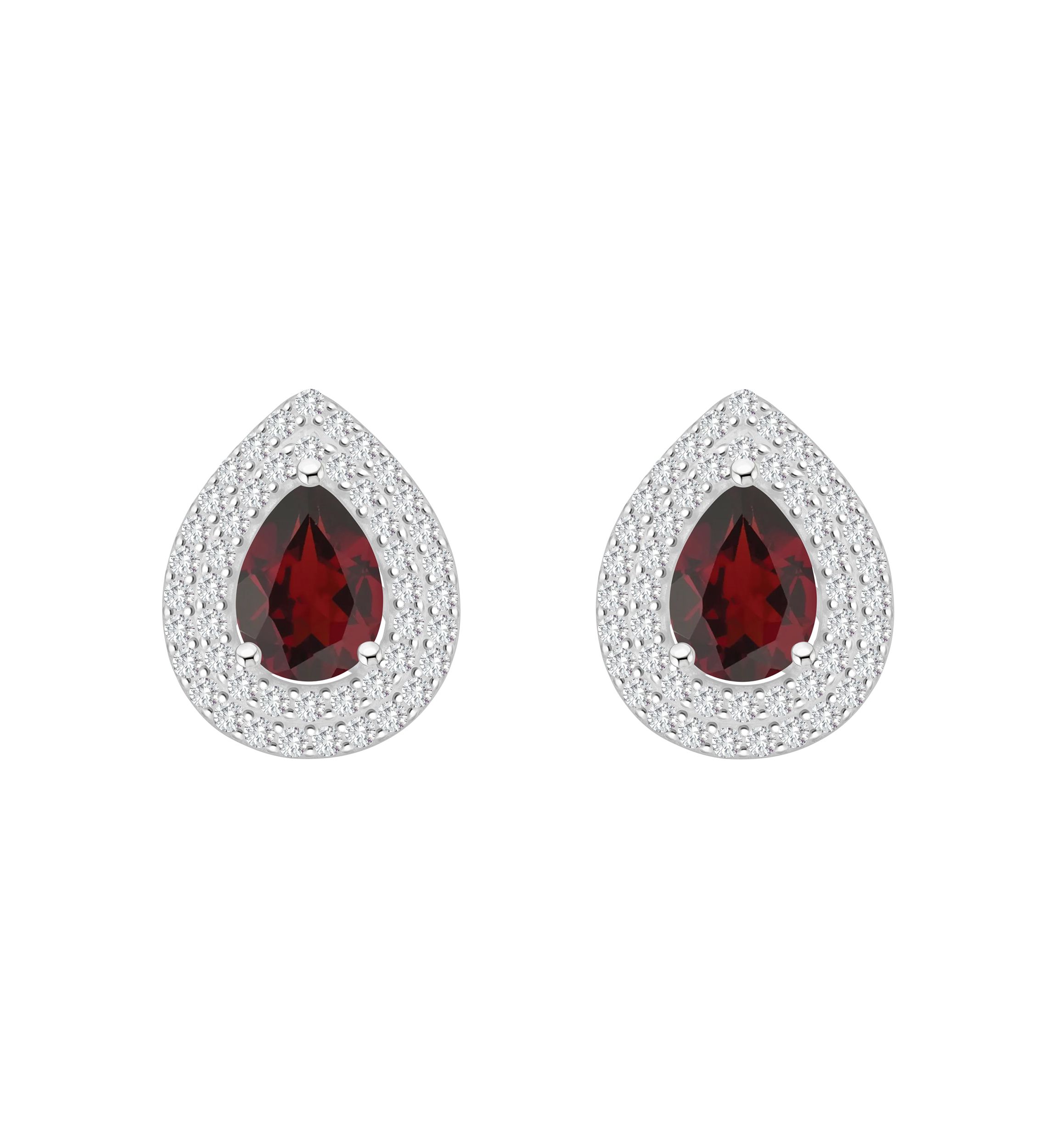 Sterling Silver 8x5mm Pear Shape Garnet And White Topaz Double Halo Stud Earrings
