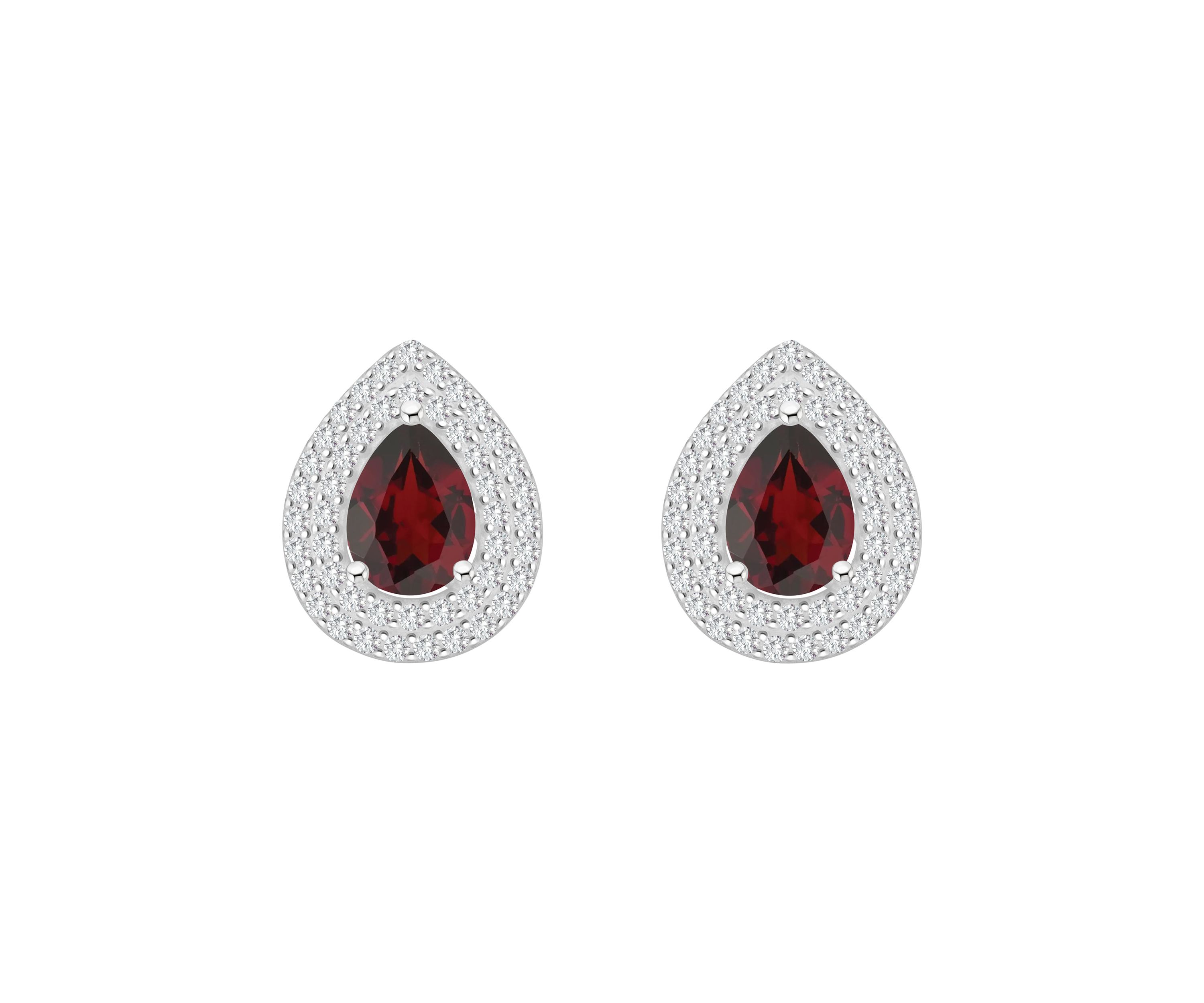 Sterling Silver 8x5mm Pear Shape Garnet And White Topaz Double Halo Stud Earrings