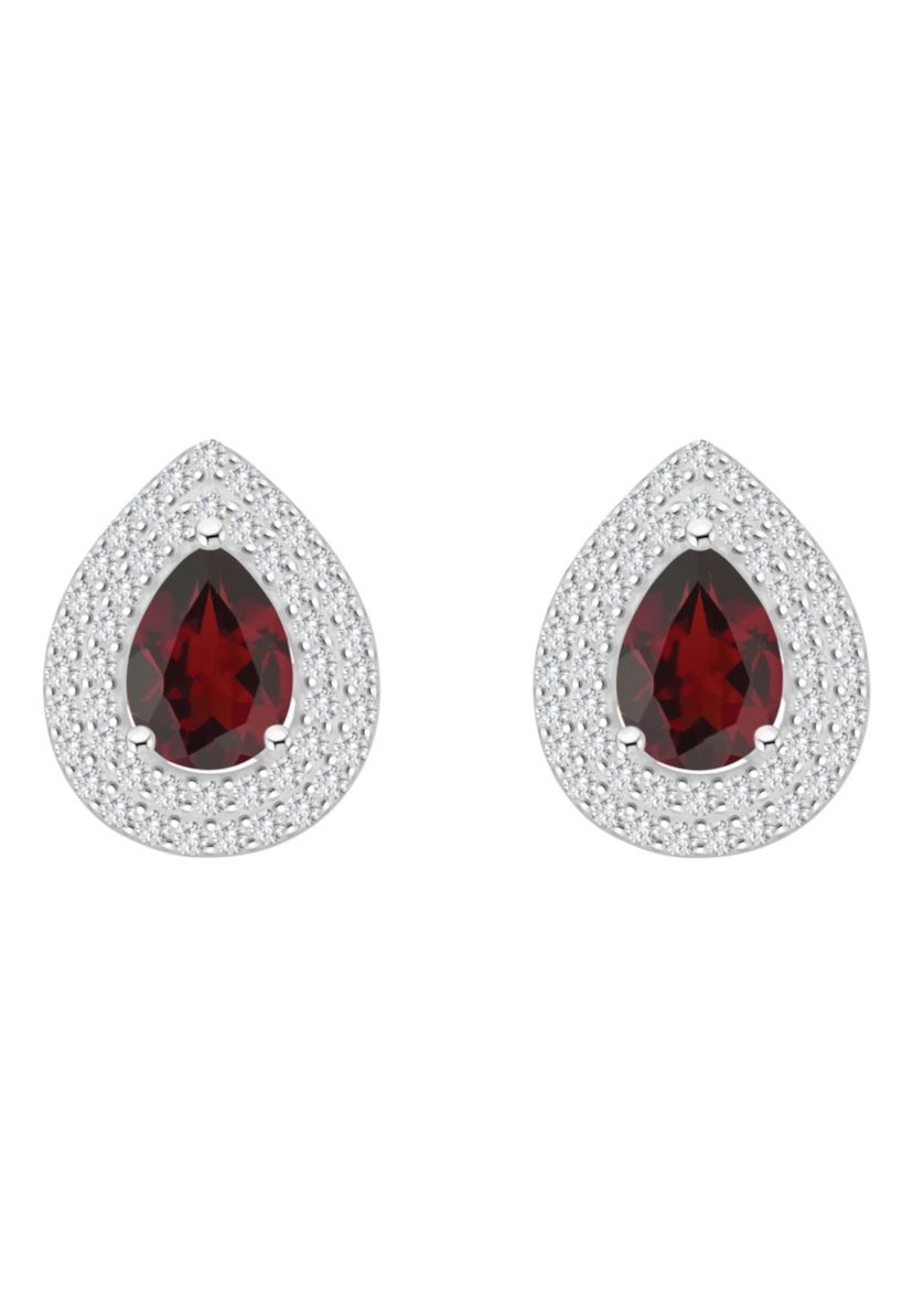 Sterling Silver 8x5mm Pear Shape Garnet And White Topaz Double Halo Stud Earrings
