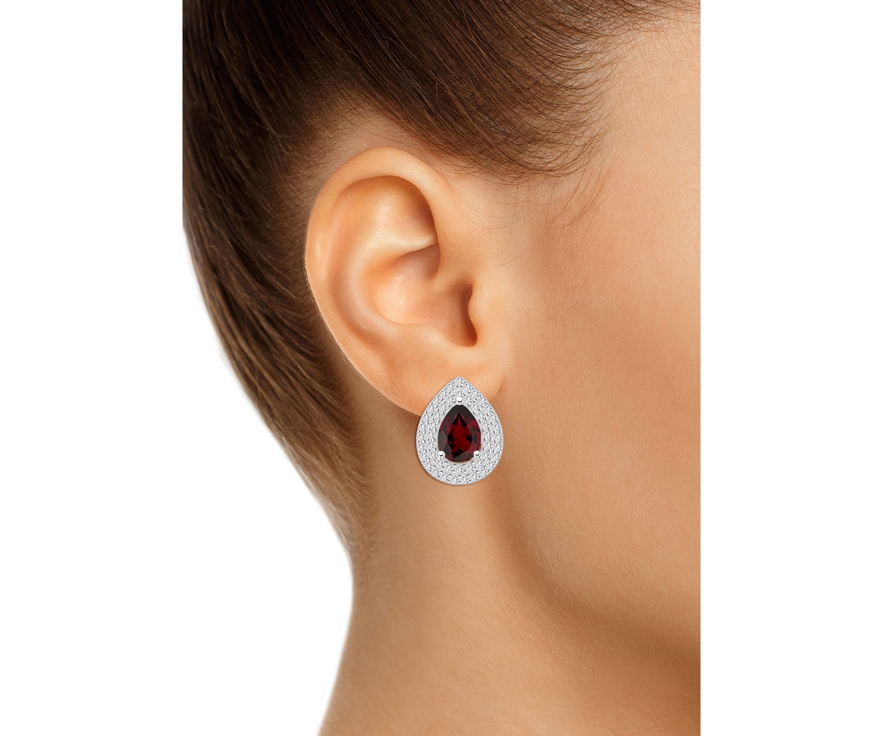Sterling Silver 8x5mm Pear Shape Garnet And White Topaz Double Halo Stud Earrings