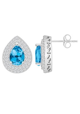 Belk & Co Sterling Silver 8x5mm Pear Shape Gemstone And White Topaz Double Halo Stud Earrings, Blue